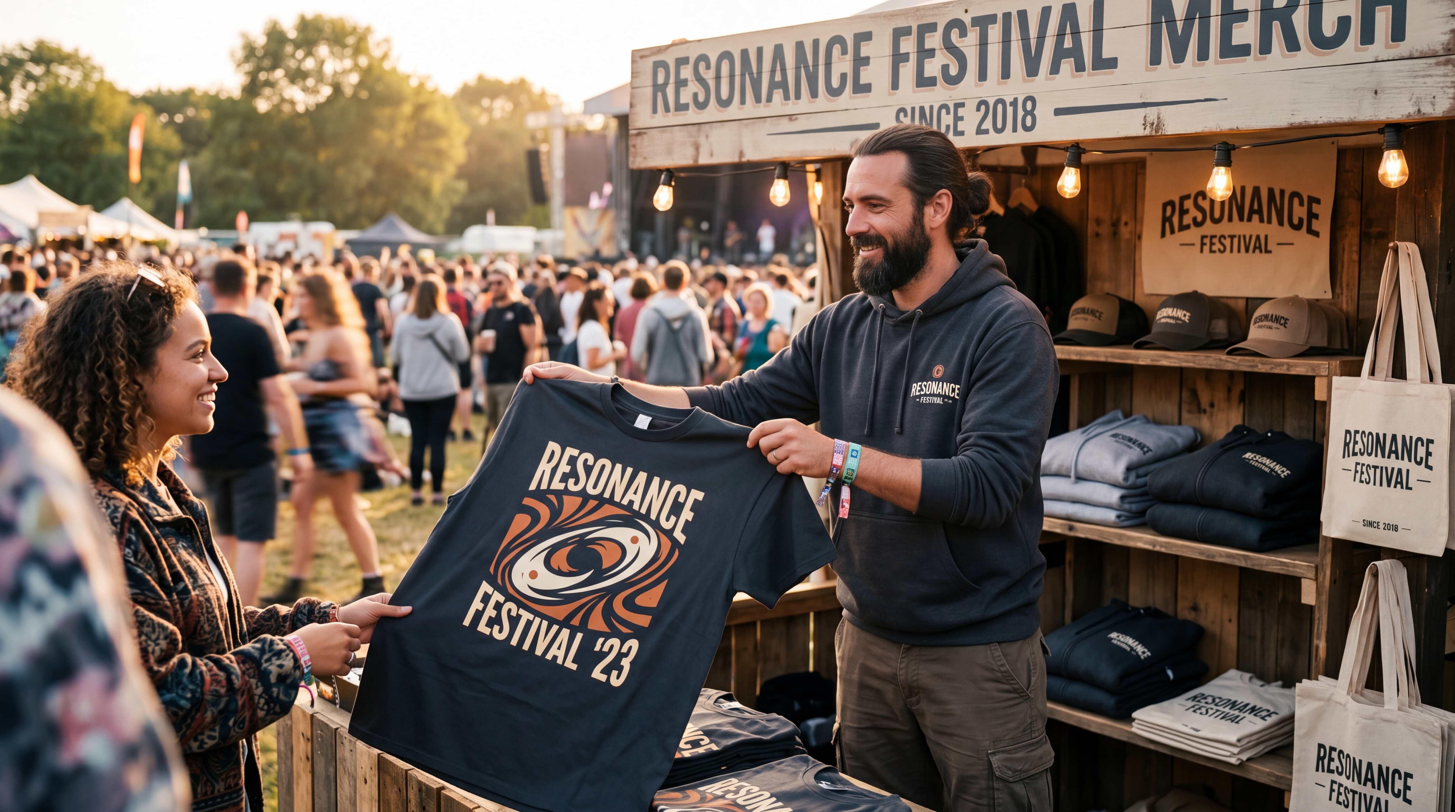 Stand de merchandising festival avec quelques produits phares exposés et un QR code vers une boutique en ligne