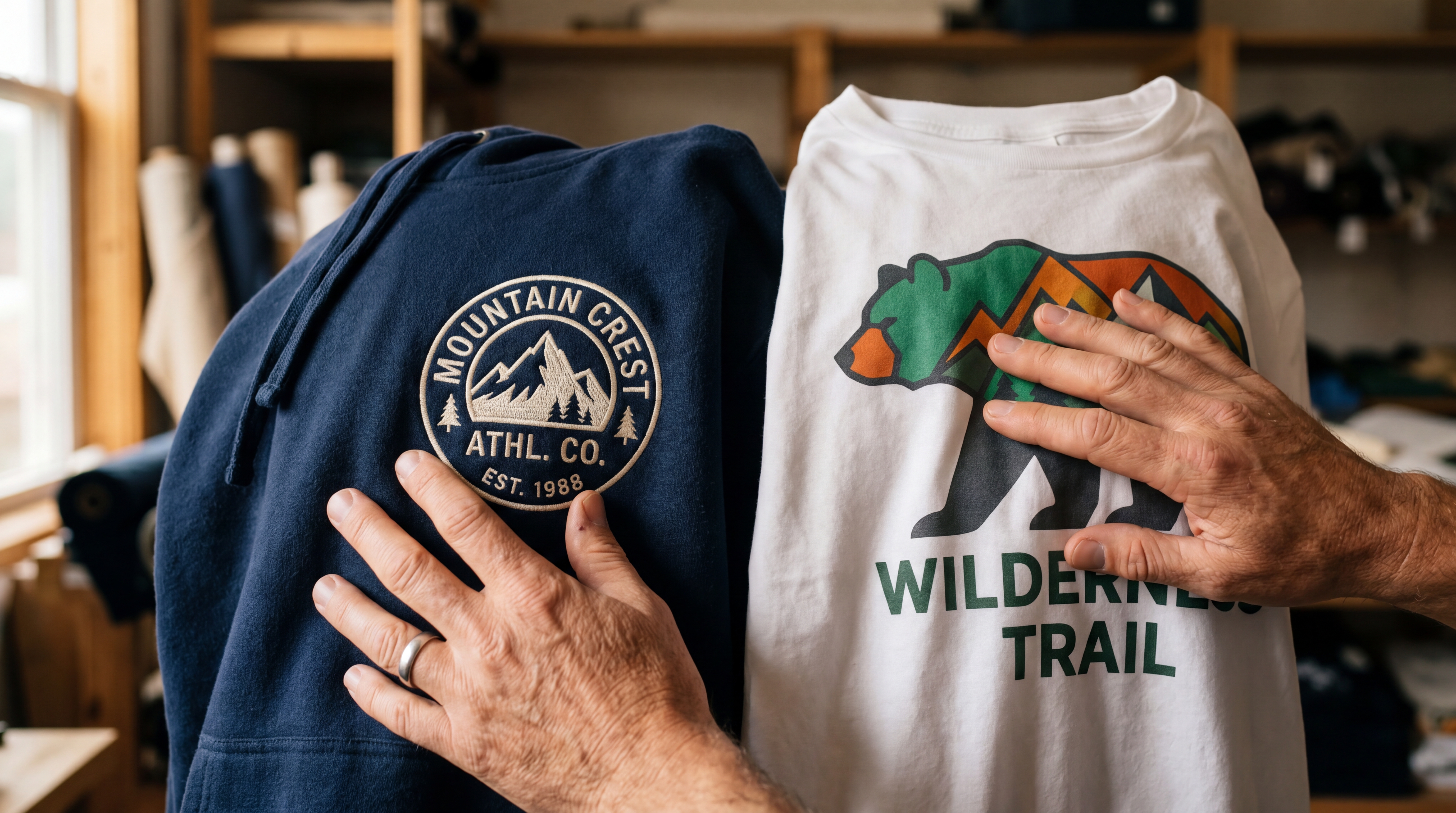 Comparaison visuelle entre un logo brodé en relief sur casquette et une impression textile colorée sur t-shirt