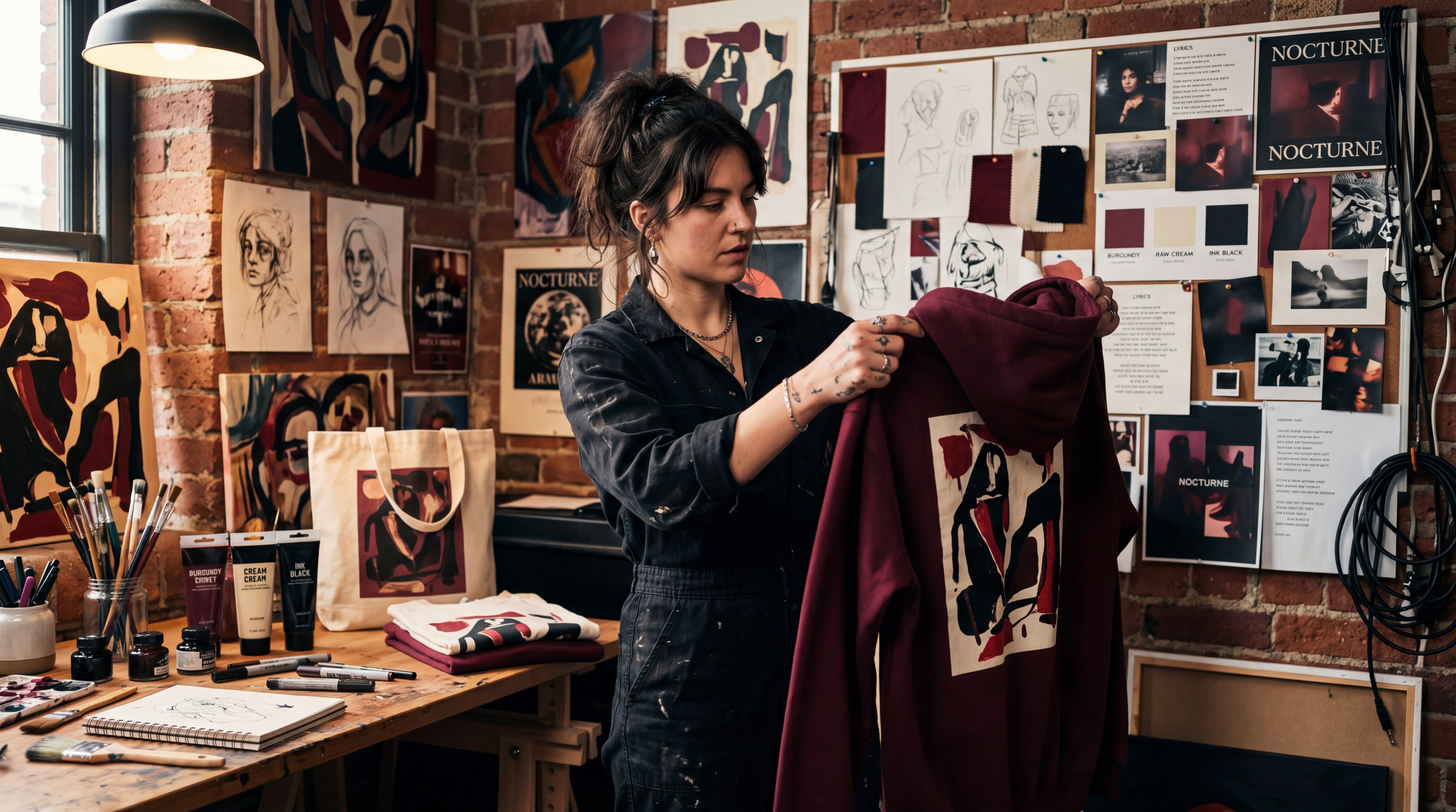 Moodboard d’artiste avec palette de couleurs, typographies, pochettes d’album et exemples de textiles assortis