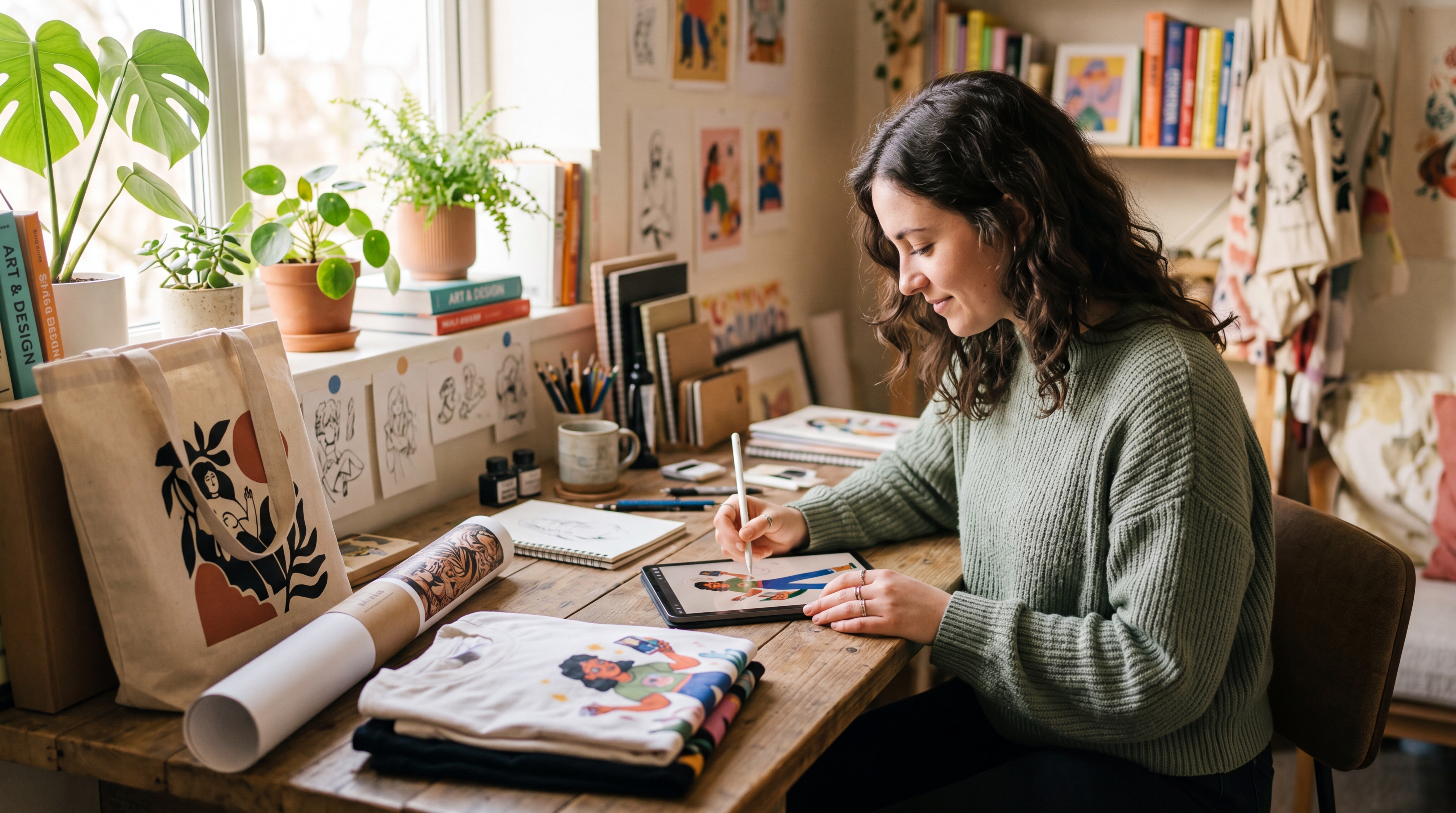 Illustrateur travaillant sur tablette avec des mockups de t-shirts, affiches, mugs et tote bags autour de son bureau
