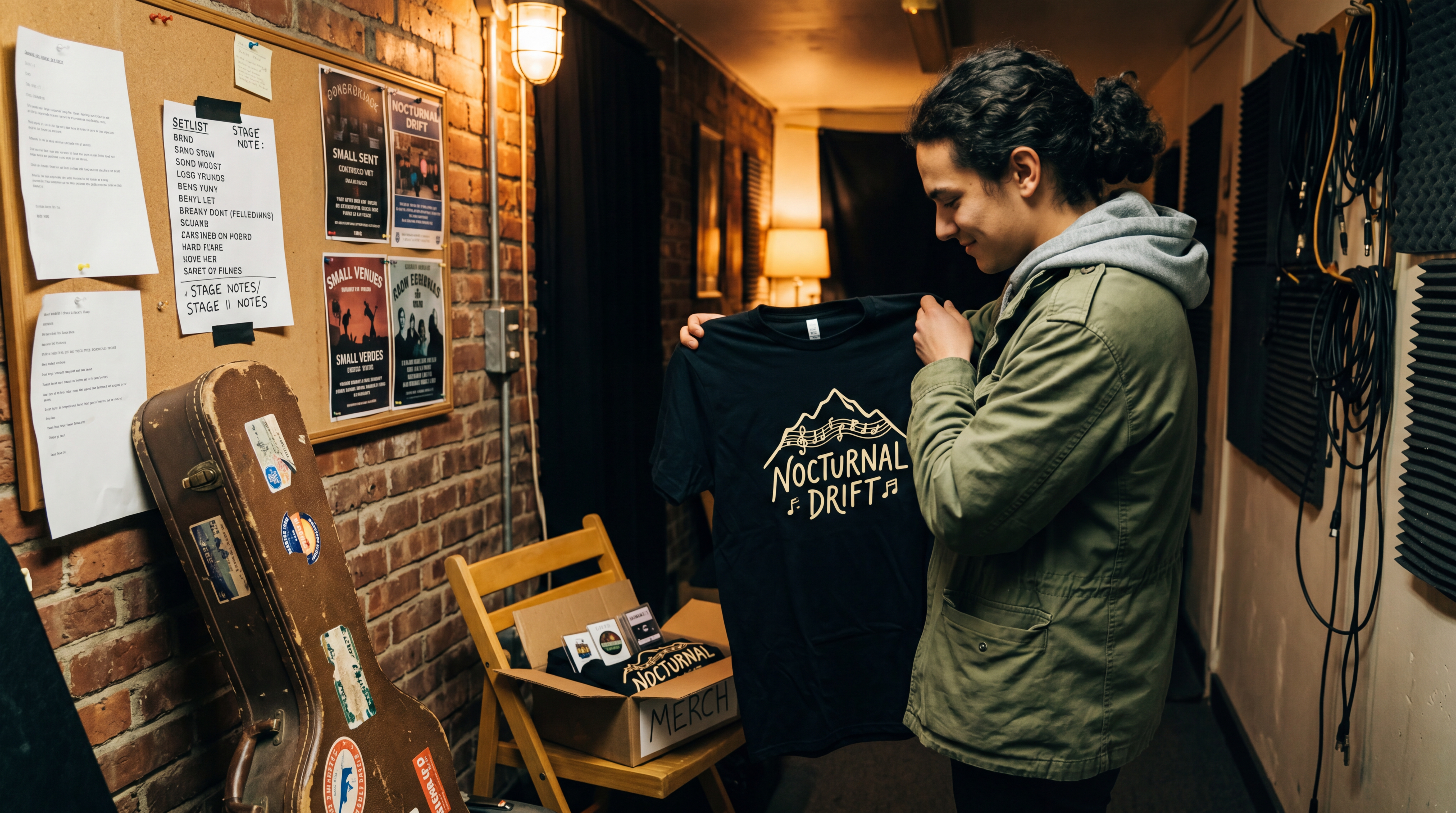 Visuel suggéré d’une collection merch artiste avec t-shirt, affiche et hoodie disposés dans un univers cohérent avec une identité musicale