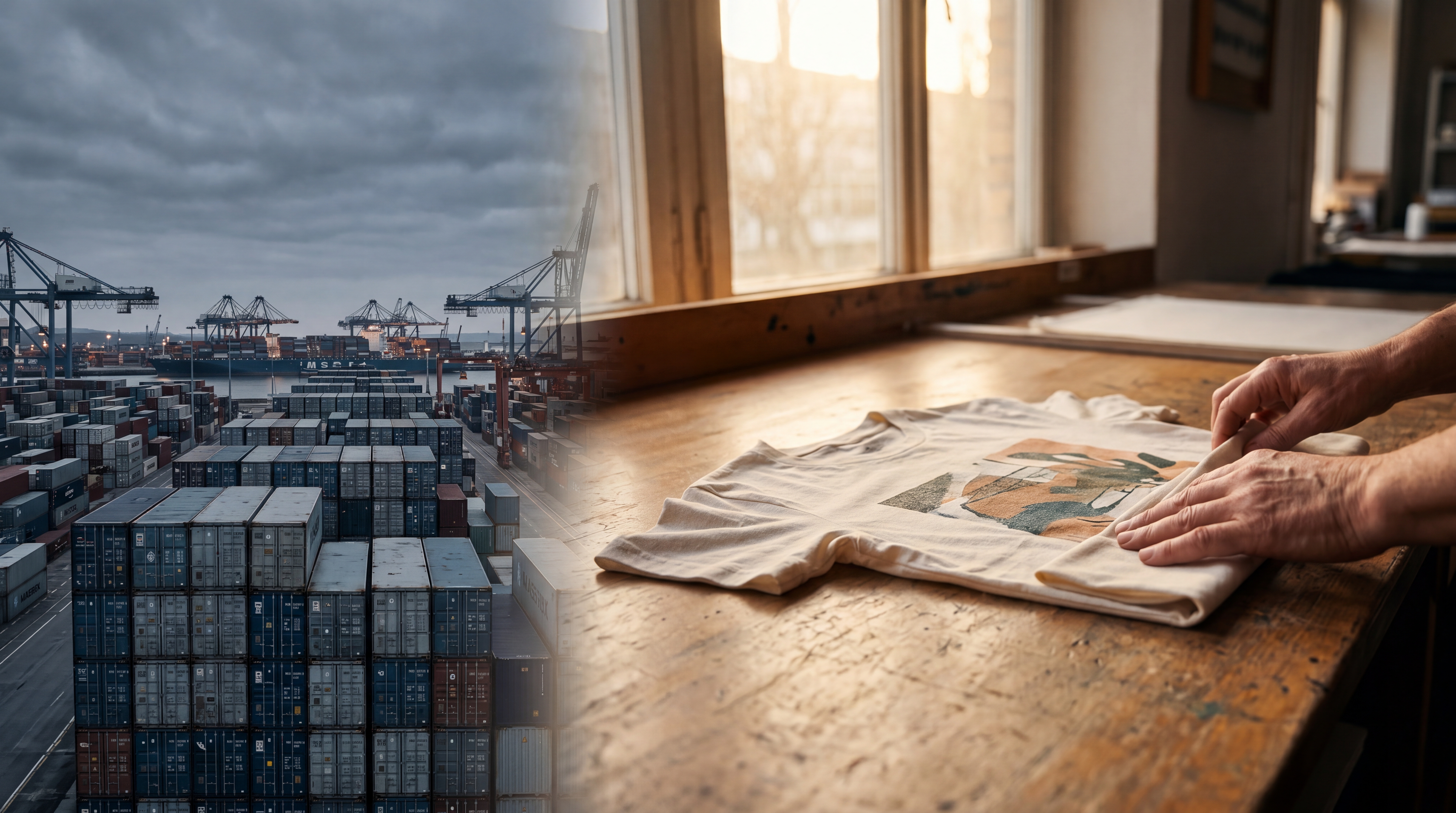 Comparaison visuelle entre une chaîne d’approvisionnement longue depuis l’Asie et une production print-on-demand plus locale en Europe