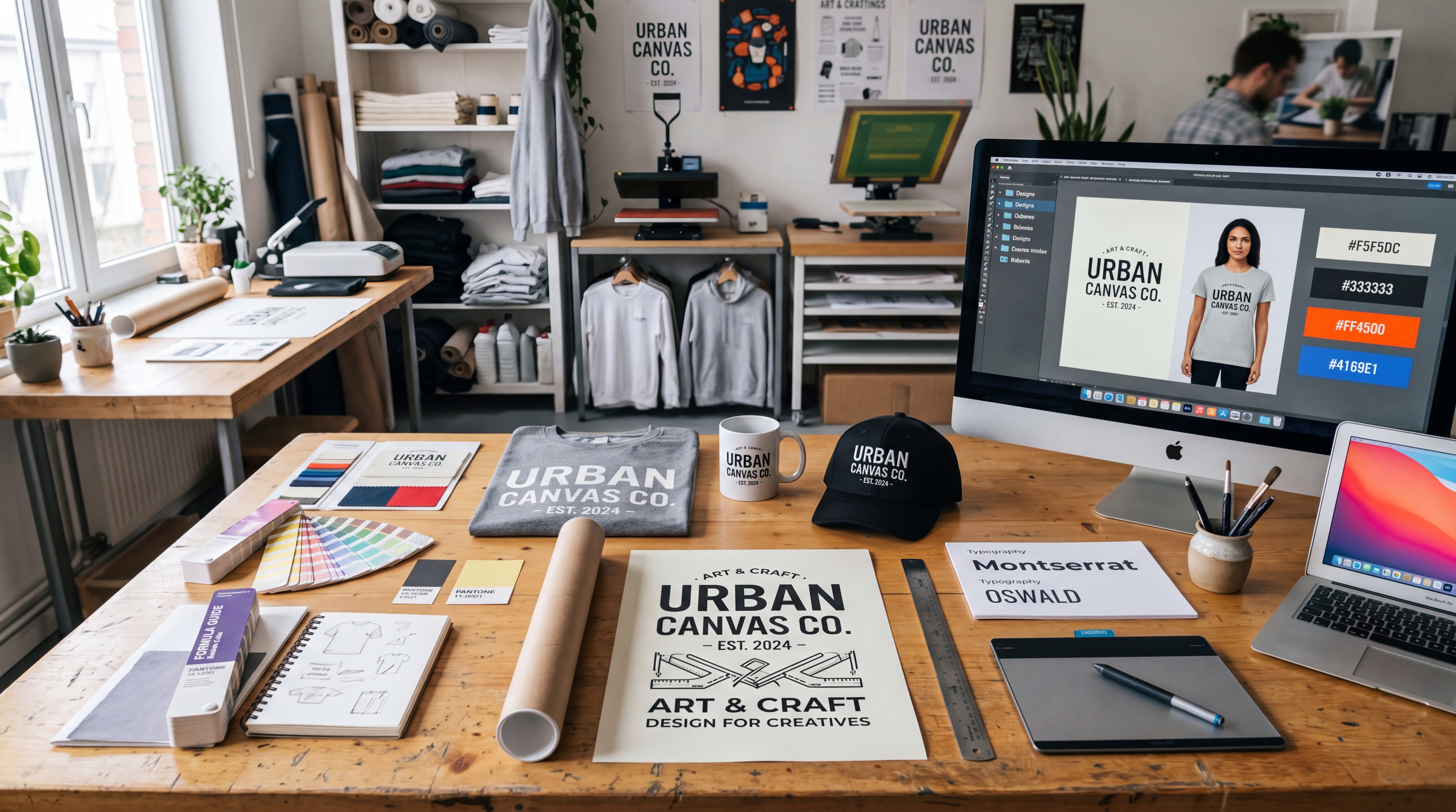 Moodboard de designs appliqués sur t-shirts, hoodies, tote bags et mugs avec exemples de mockups propres