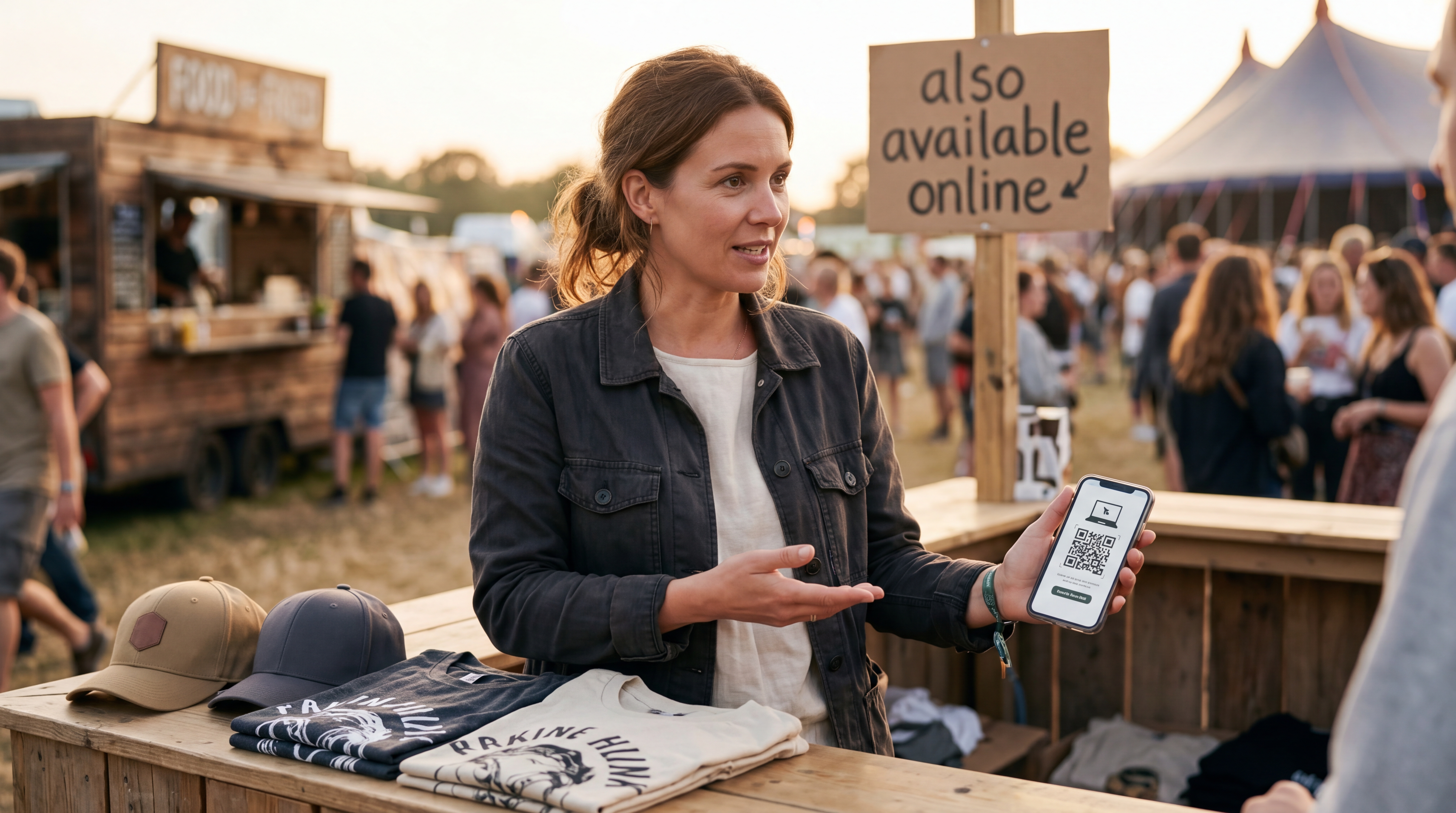 Schéma simple montrant une stratégie hybride avec stock sur stand et produits à la demande via boutique en ligne