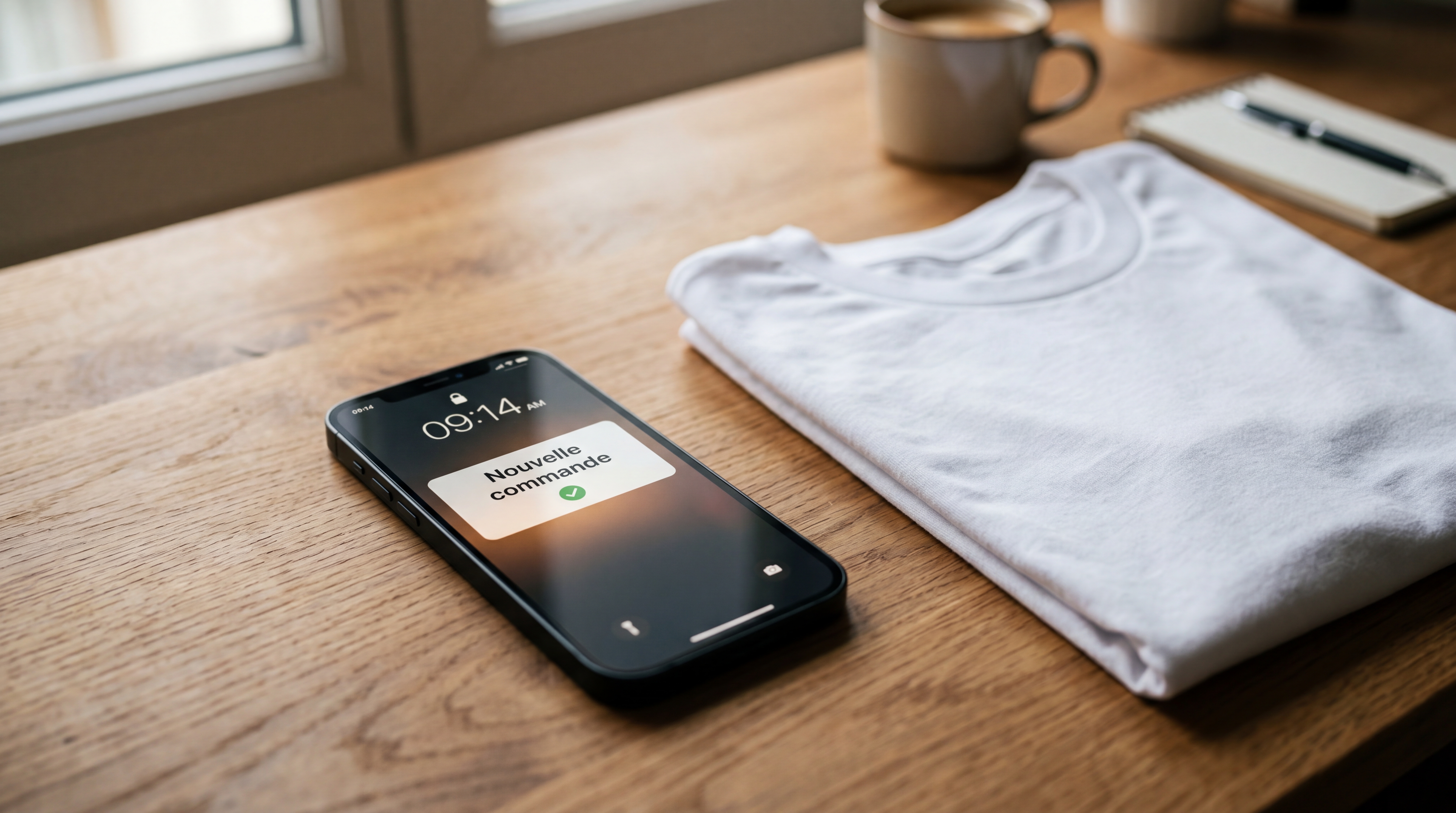 Schéma simple montrant le parcours d’une commande print-on-demand, de la vente en ligne à la production puis à l’expédition client