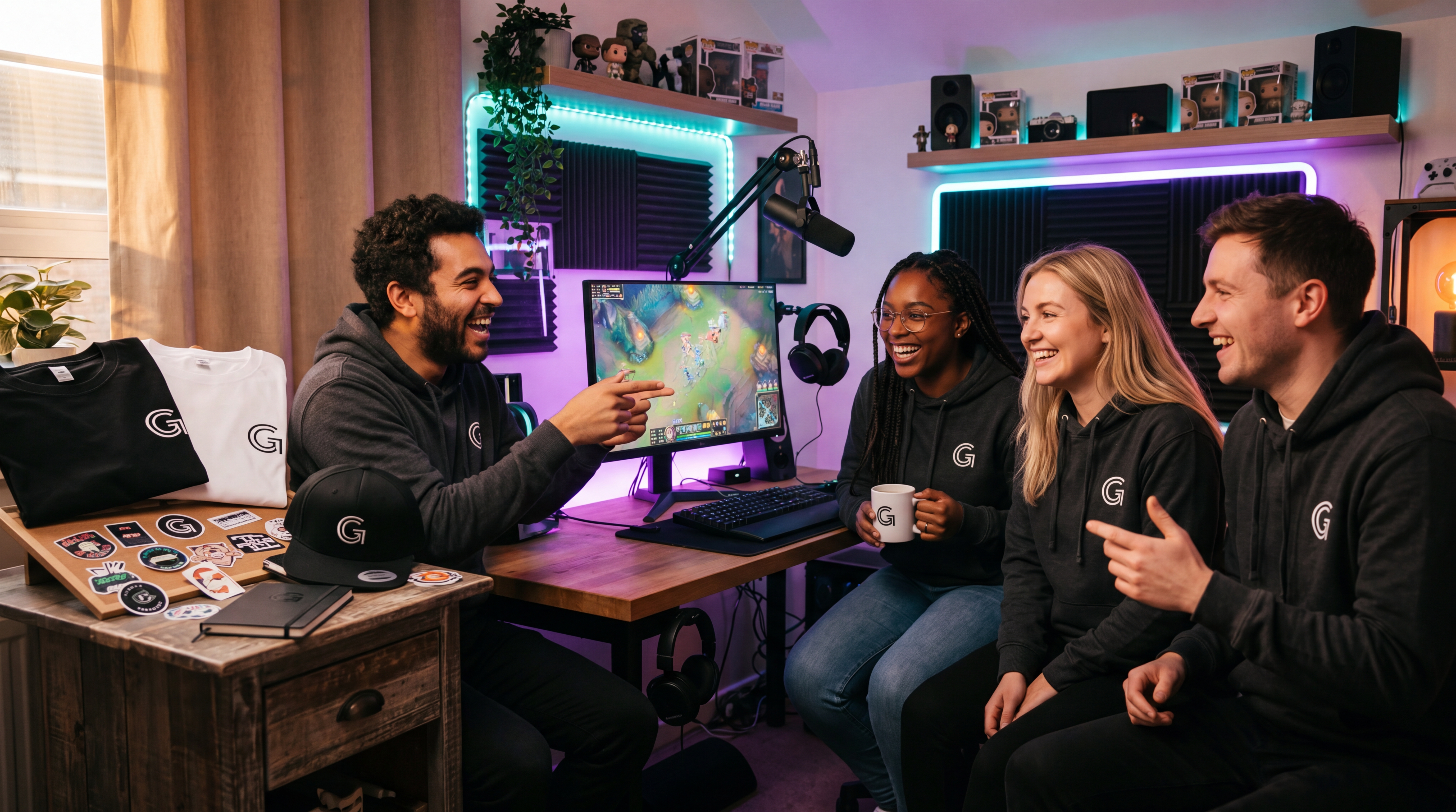 Streamer Twitch présentant à sa communauté des idées de t-shirts, hoodies et mugs pendant un live
