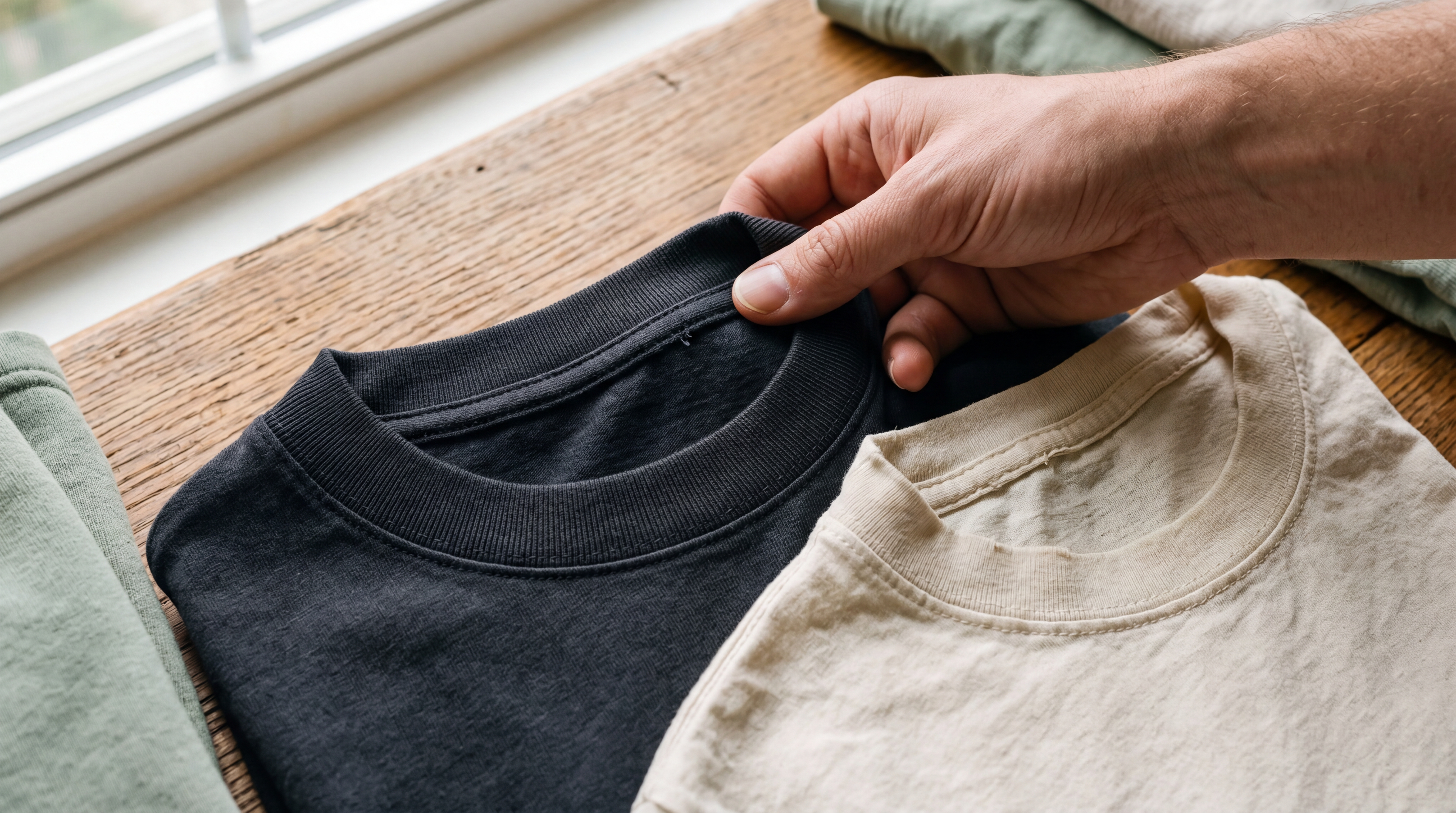 Comparaison de plusieurs t-shirts print-on-demand montrant les différences de coton, grammage, coupe, col et finitions