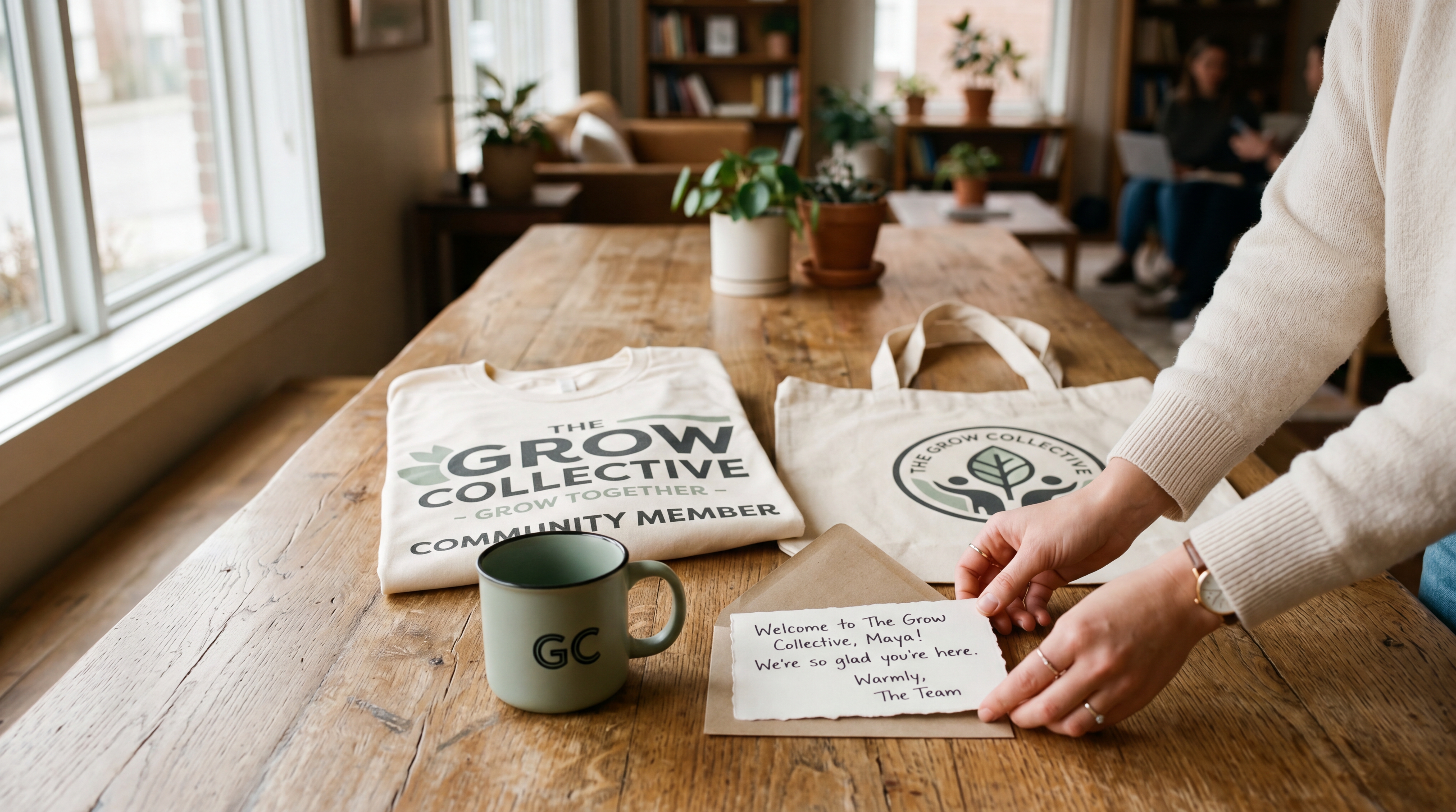 Exemple de kit de bienvenue avec t-shirt personnalisé, tote bag, carte d’accueil et accessoires de marque disposés sur une table