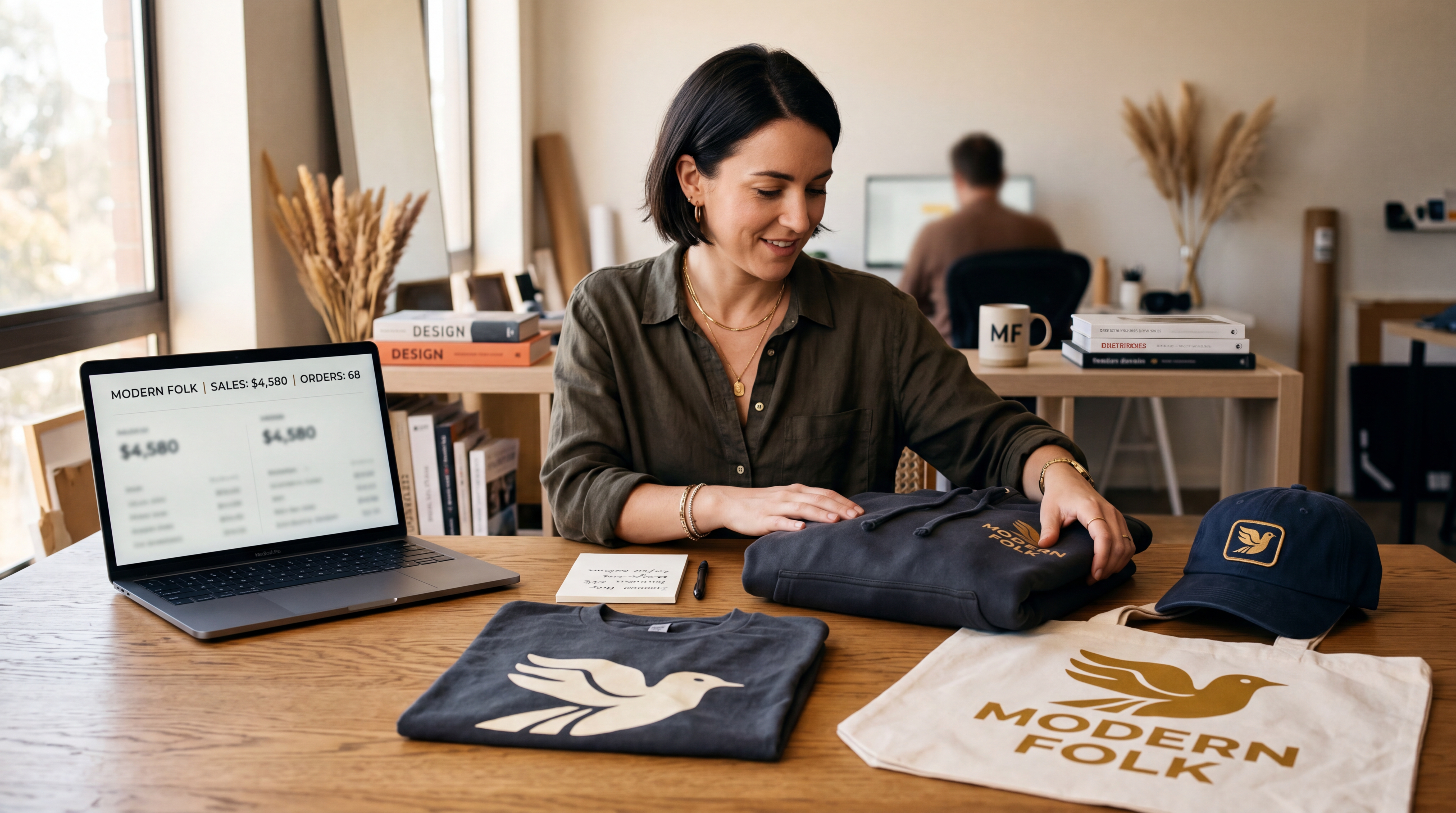 Flatlay de plusieurs produits print-on-demand personnalisés : t-shirt, hoodie, casquette et maillot de sport