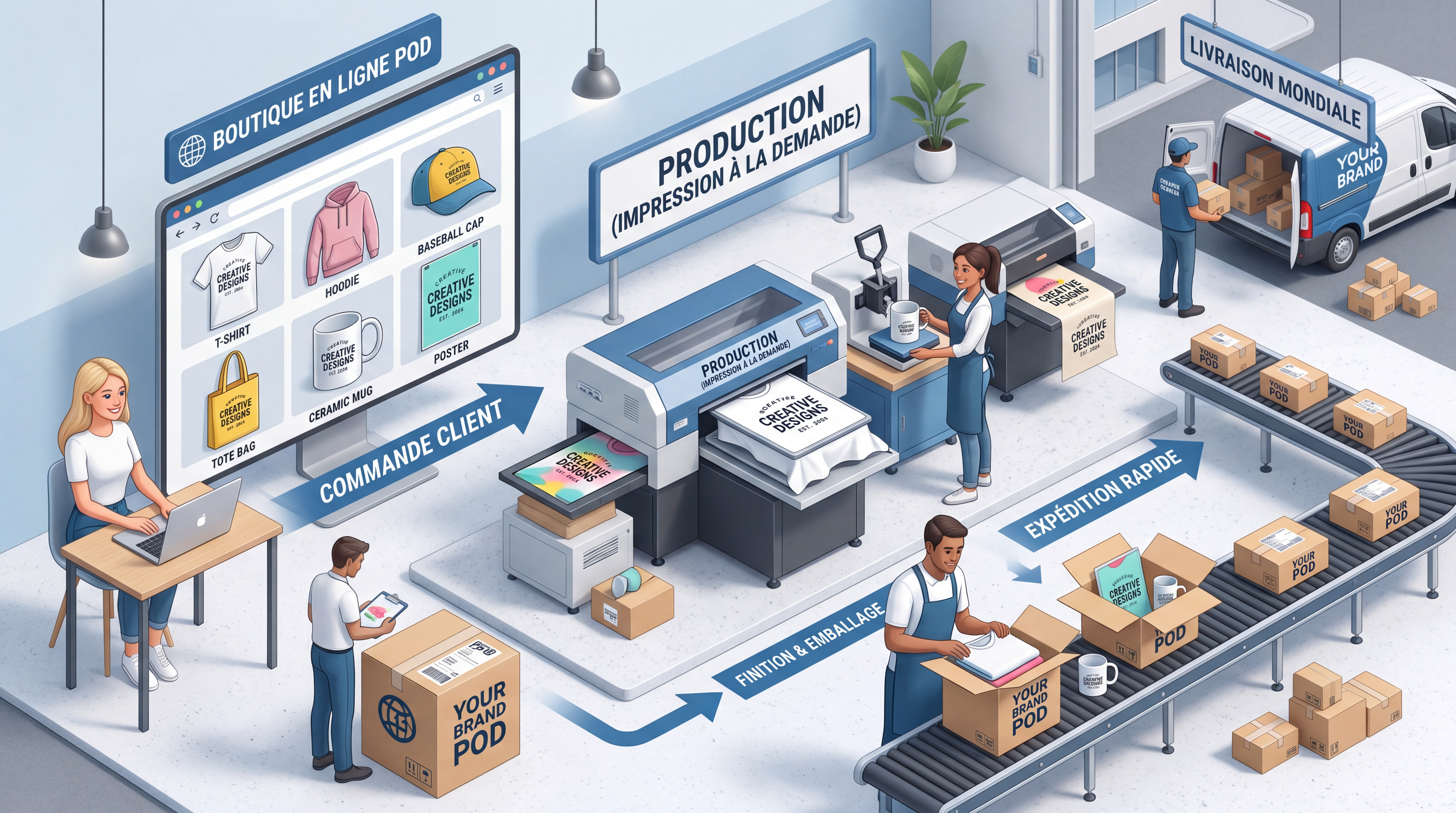Schéma simple montrant le parcours print-on-demand, de la création du design à la commande client puis à l’impression et à l’expédition