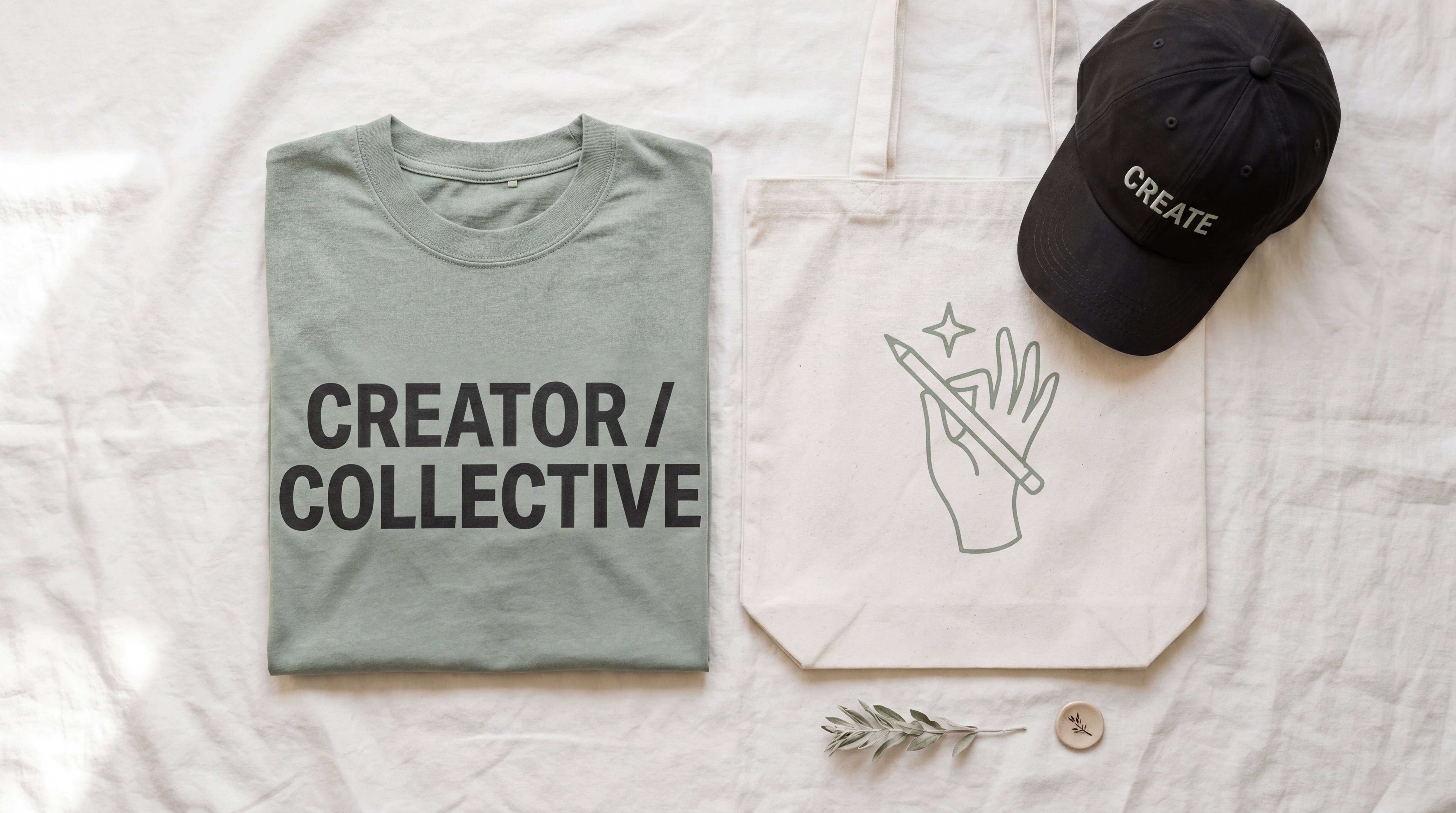 Exemple de moodboard présentant trois idées de merch Instagram cohérentes avec l’univers d’un créateur : t-shirt, tote bag et casquette