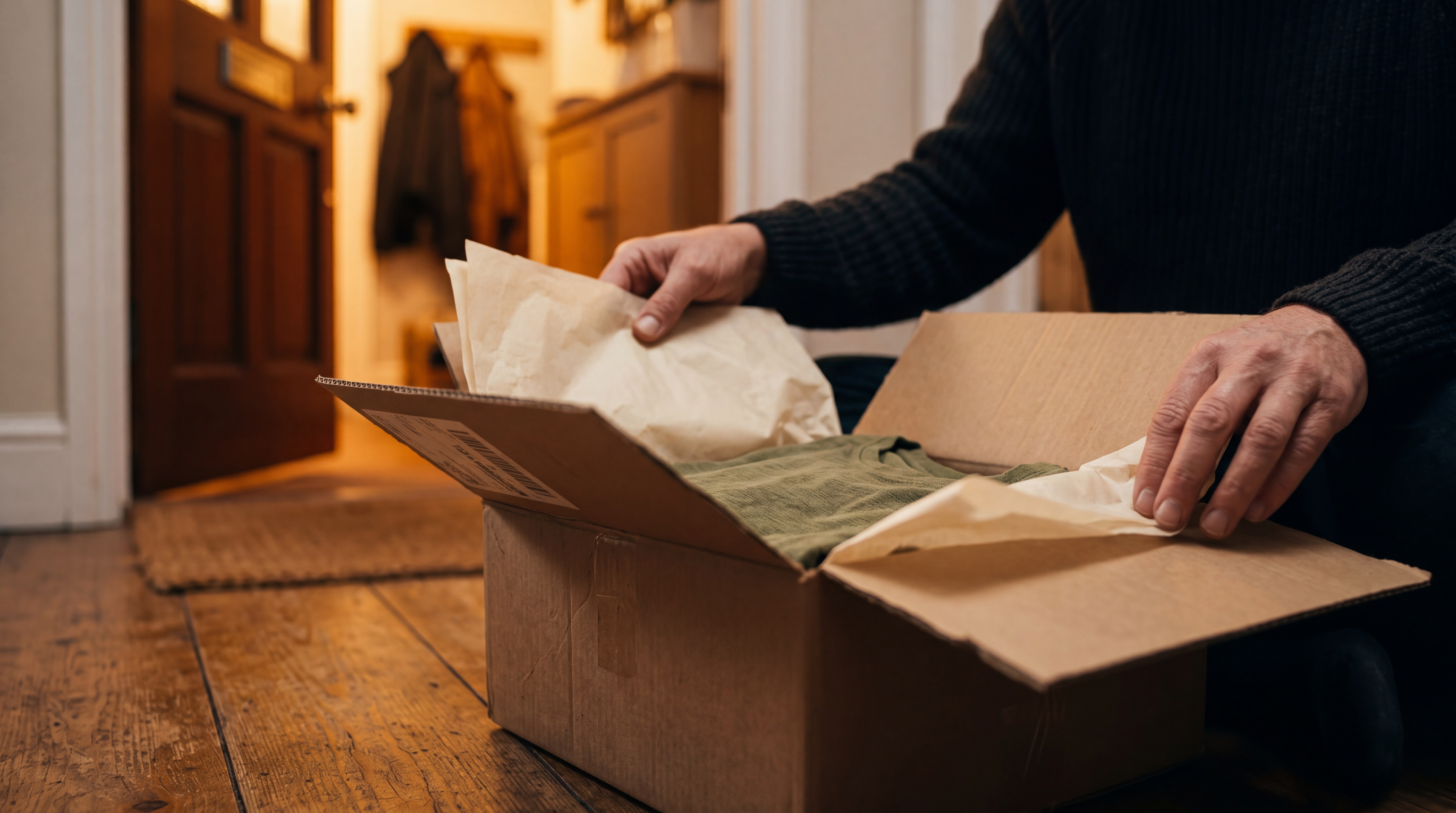 Client recevant rapidement une commande de textile personnalisé en Europe, avec emballage sobre et suivi de livraison