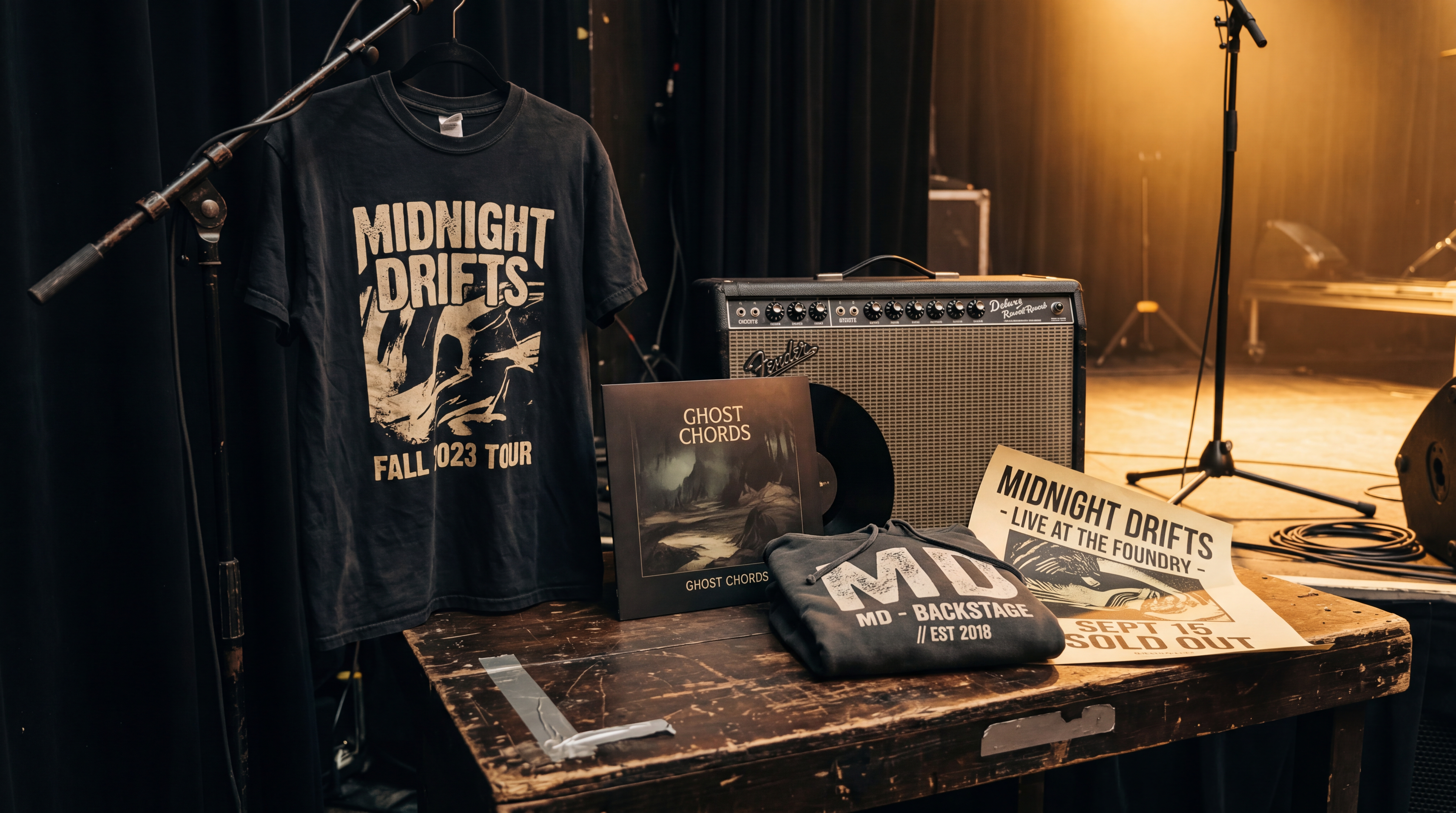 Table de merch de musicien avec t-shirts, affiches, vinyles et accessoires présentés avant un concert