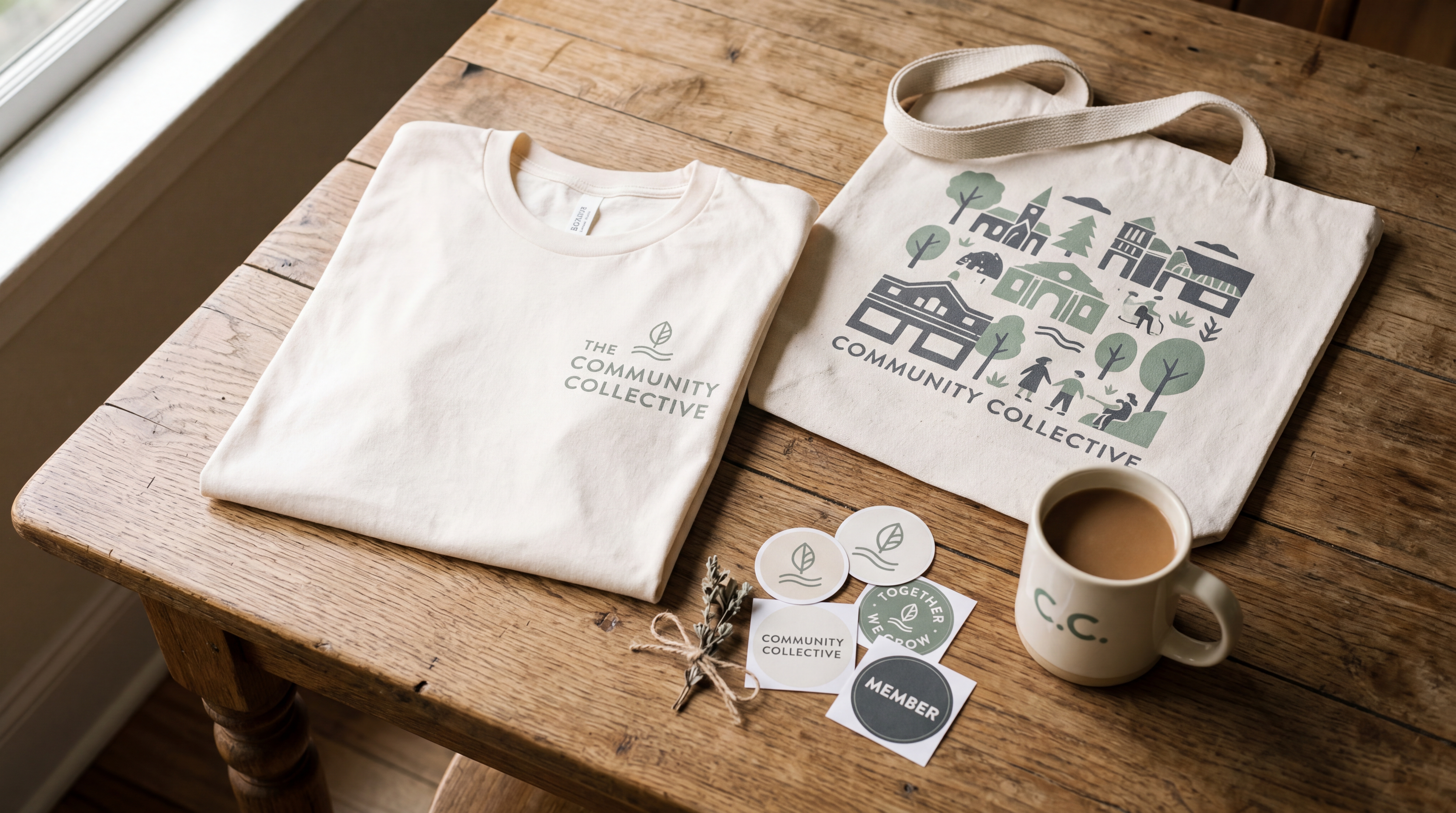 Table de présentation avec t-shirts, tote bags, mugs et stickers aux couleurs d’une association loi 1901 lors d’un événement local