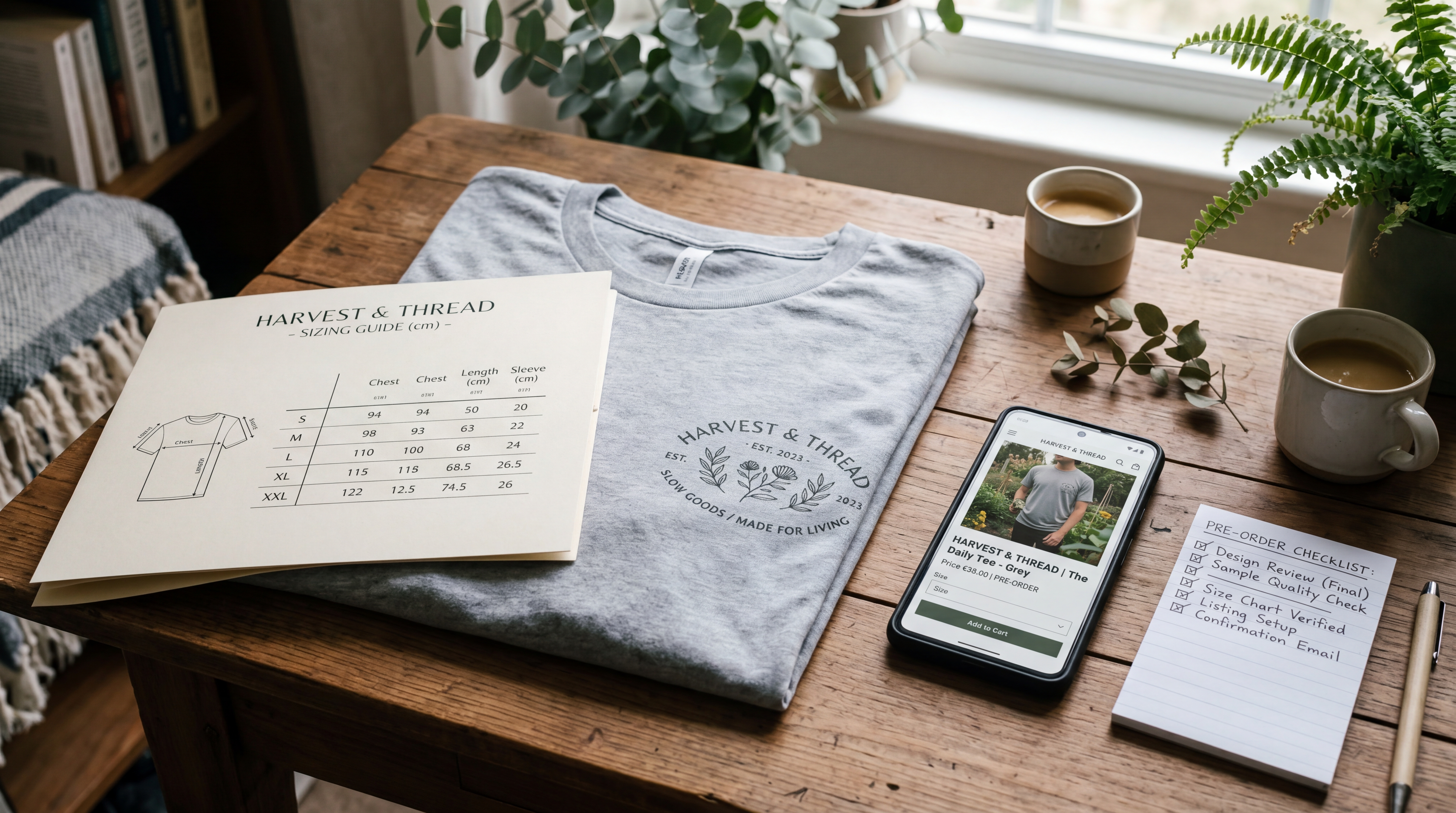 Exemple de fiche produit e-commerce avec guide de tailles, aperçu de personnalisation et délai de livraison clairement affiché