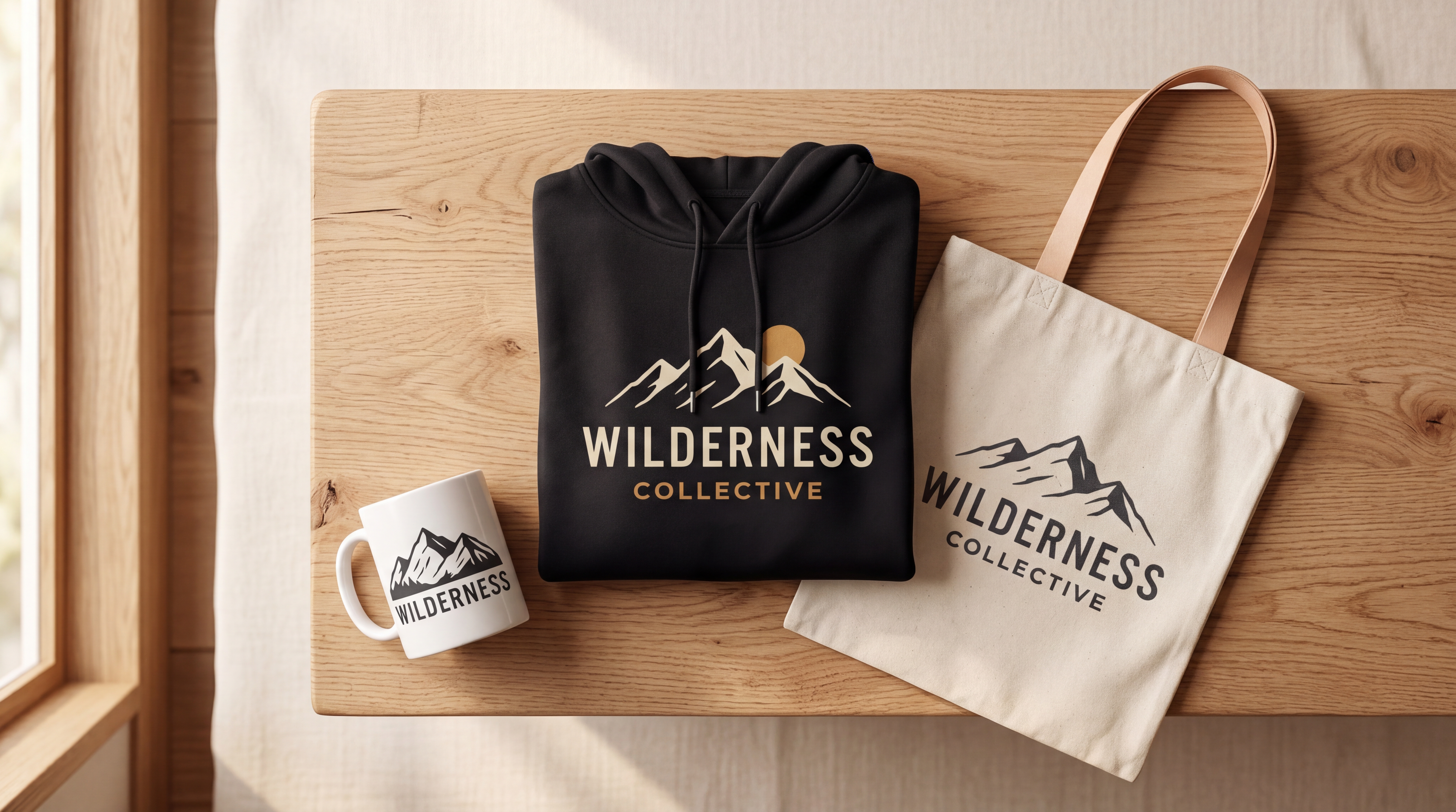 Exemple de mini collection merch avec t-shirt, hoodie et tote bag présentés sur fond neutre