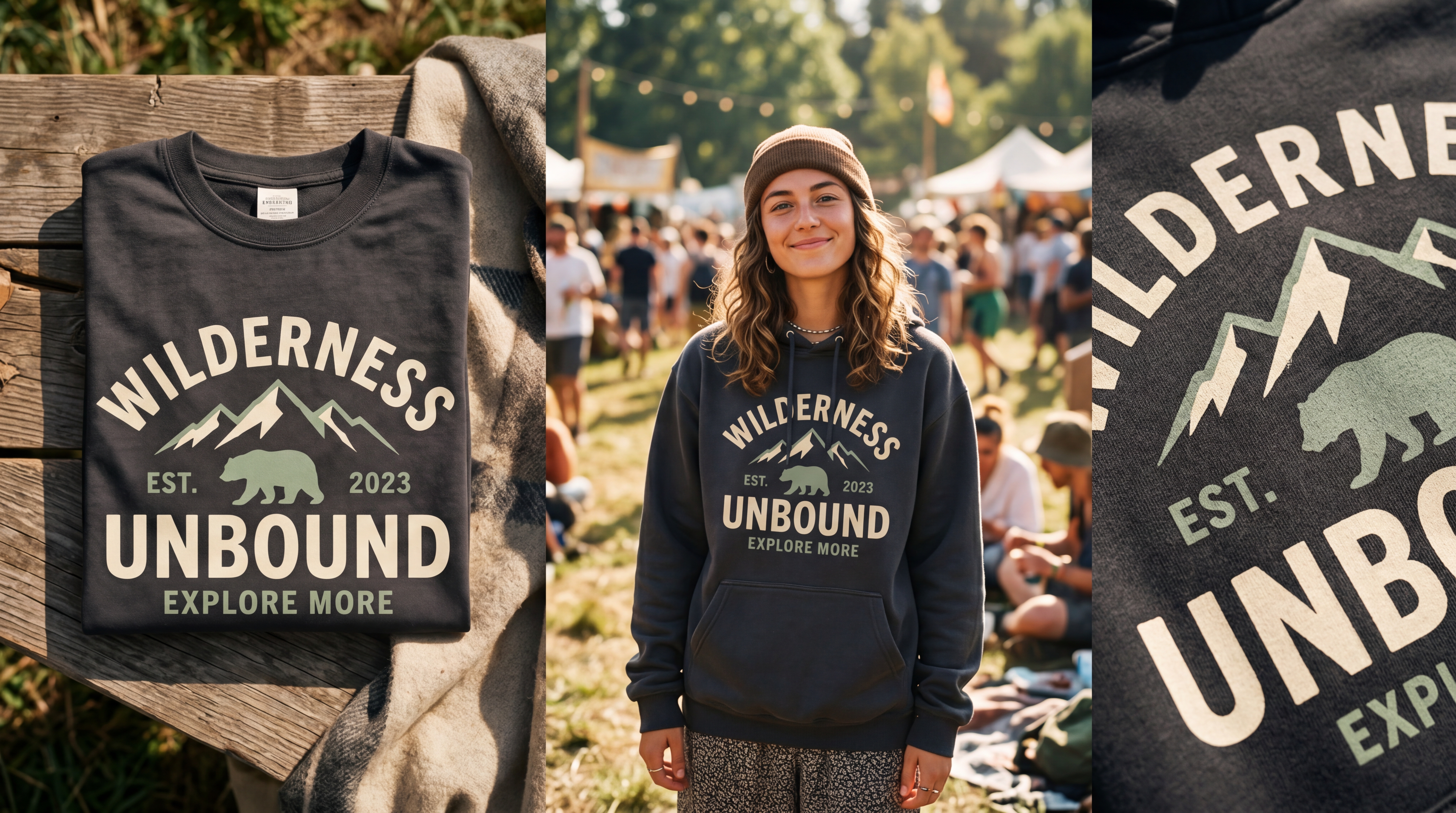 Exemple de fiche produit merch avec packshot, photo portée, détail de personnalisation et bouton d’achat visible