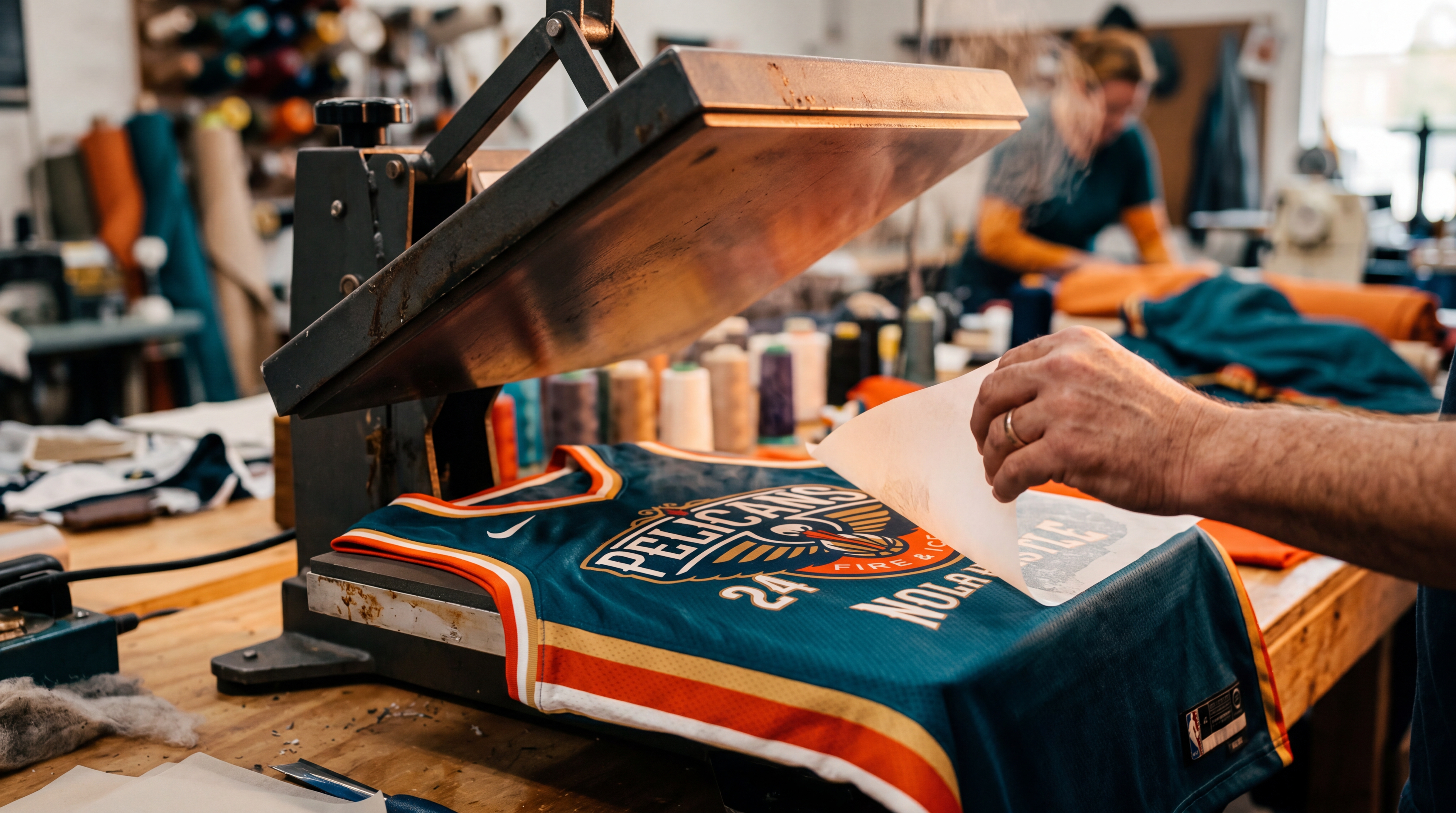 Schéma ou photo montrant une presse à chaud transférant un visuel coloré sur un t-shirt polyester clair