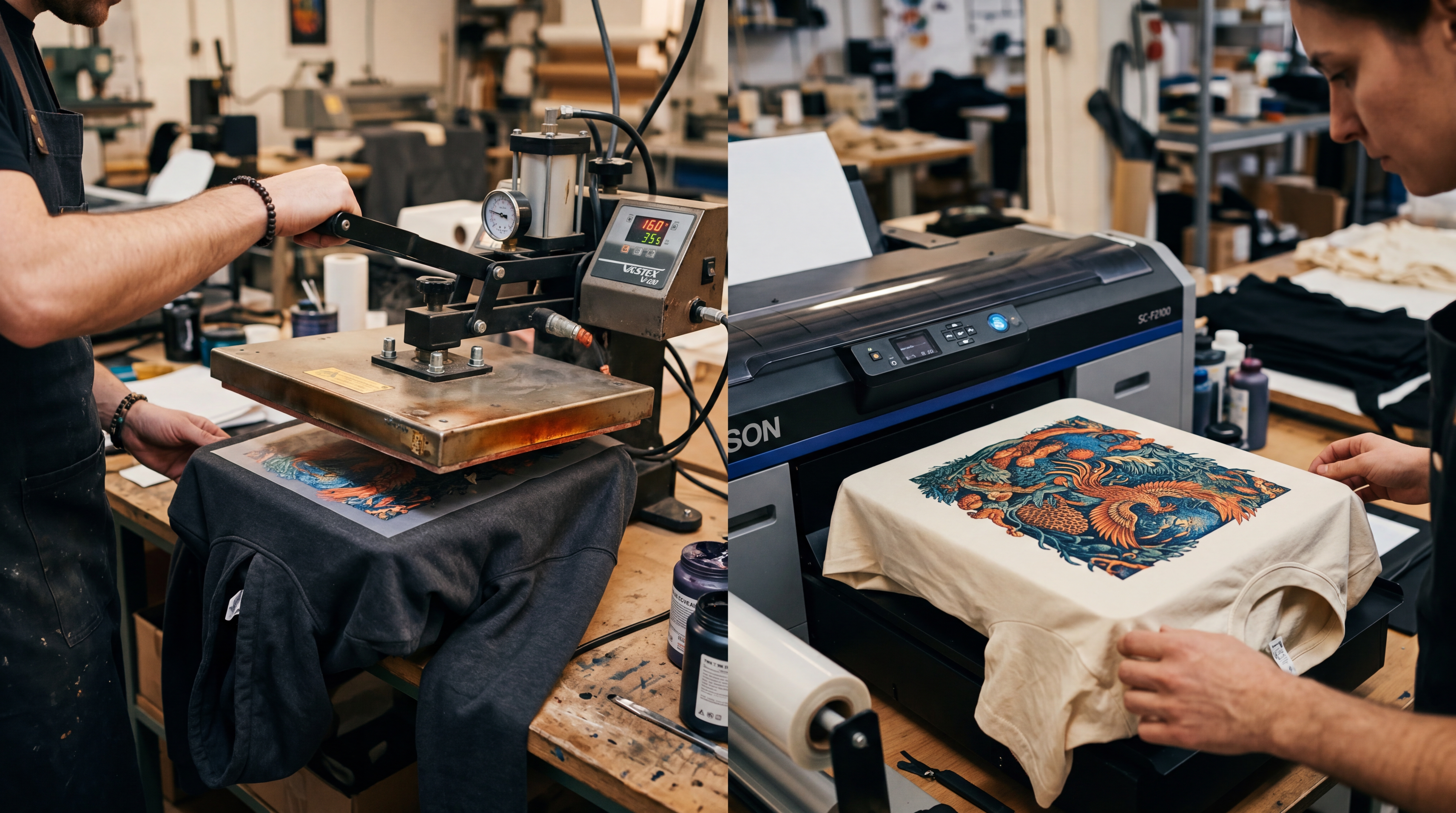 Schéma visuel montrant les étapes d’un transfert DTF, de l’impression sur film à la pose à chaud sur textile