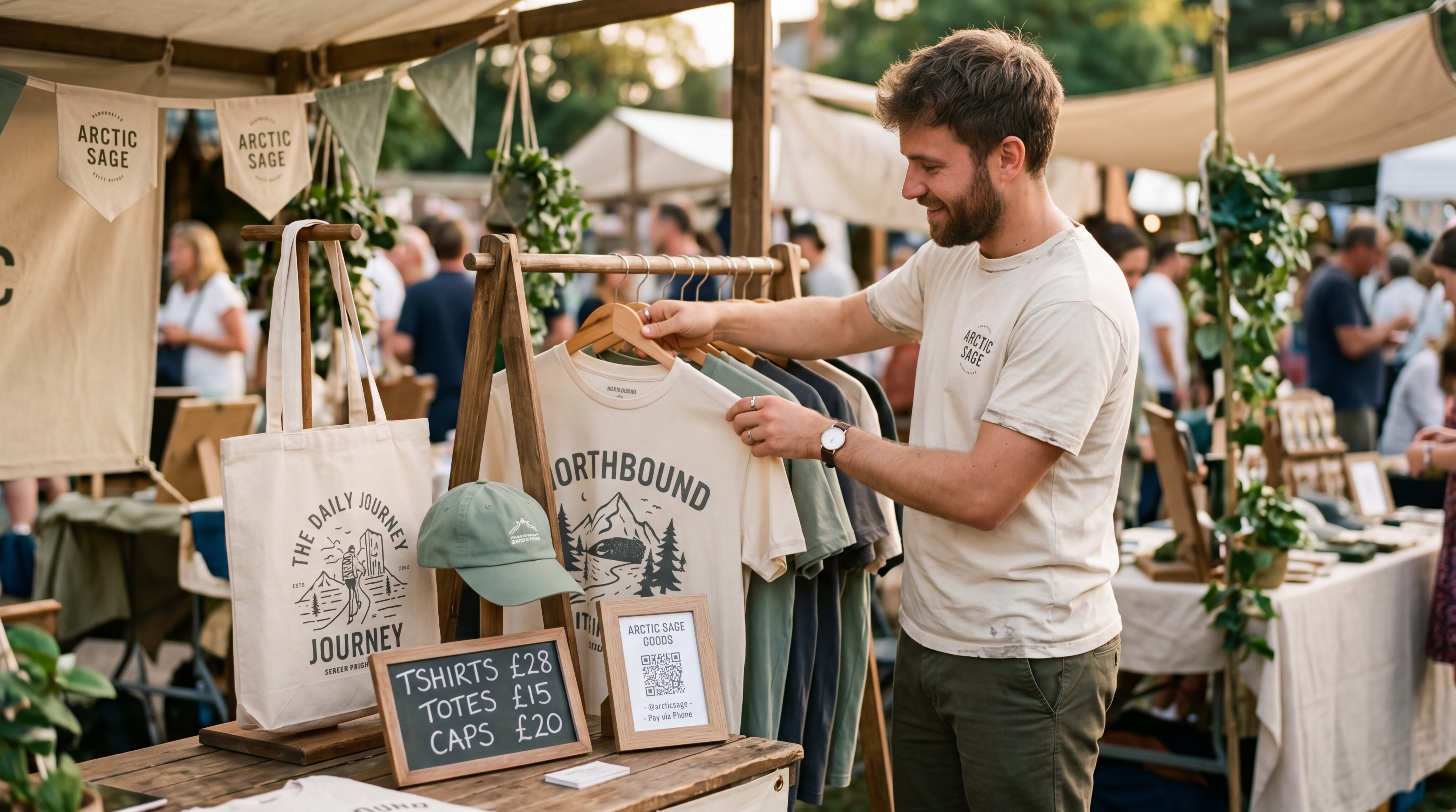 Stand de vente de merch bien organisé avec textiles pliés, portants, affichage des prix et QR code vers la boutique en ligne