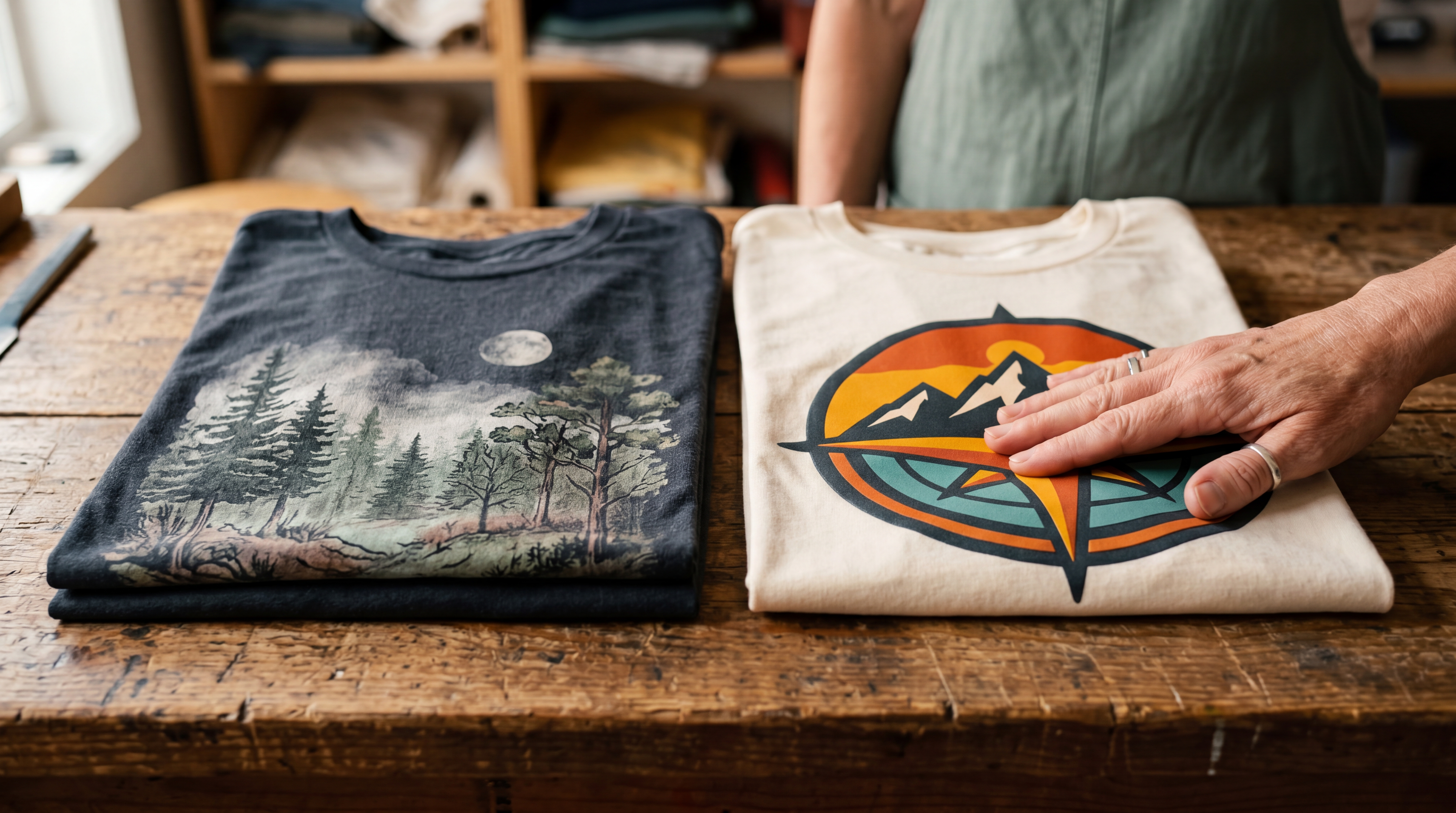 Comparaison rapprochée entre un t-shirt imprimé en DTF et un t-shirt imprimé en DTG, avec focus sur le toucher et les détails du motif