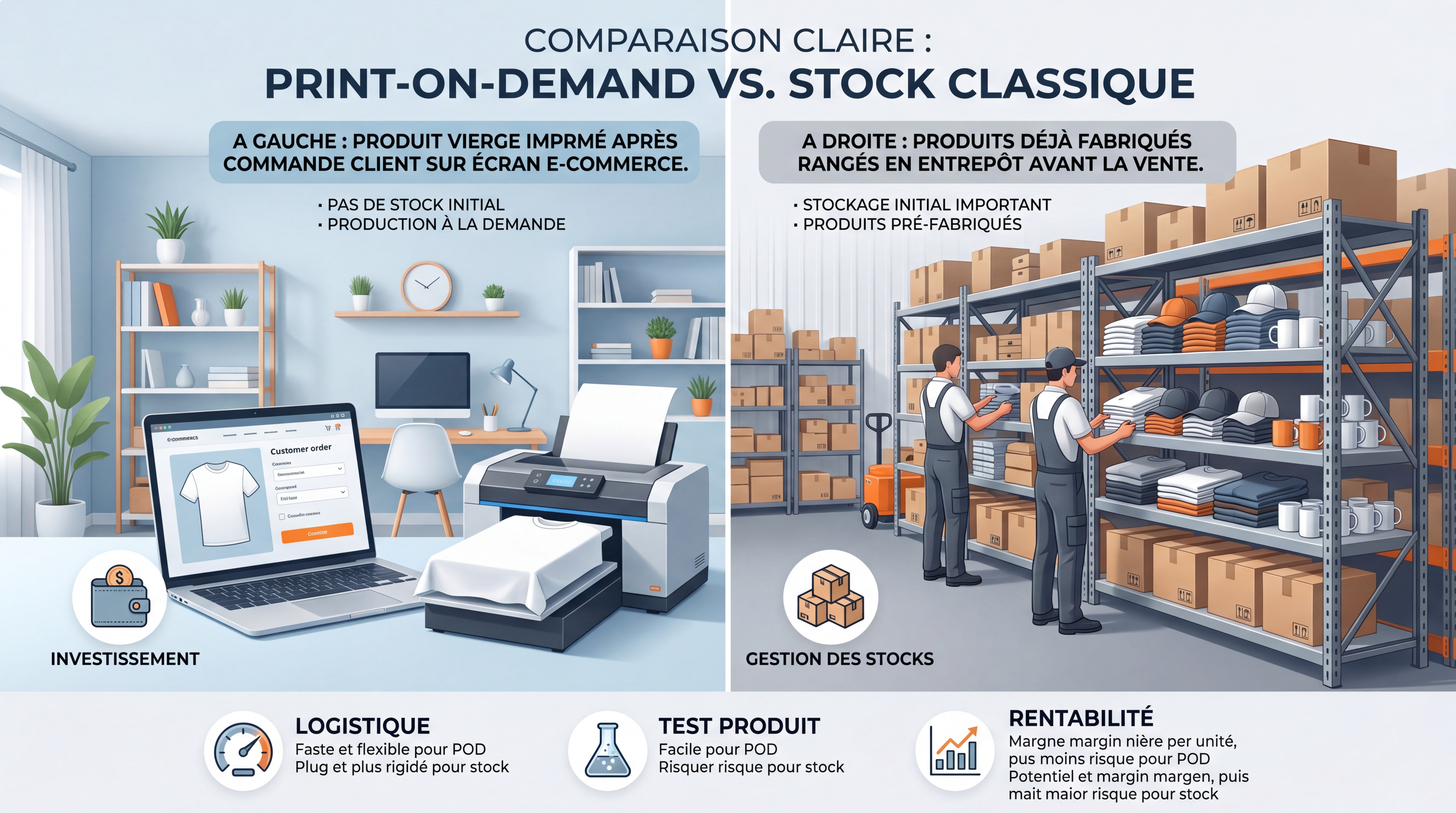Schéma comparant le parcours d’une commande en print-on-demand et en stock classique