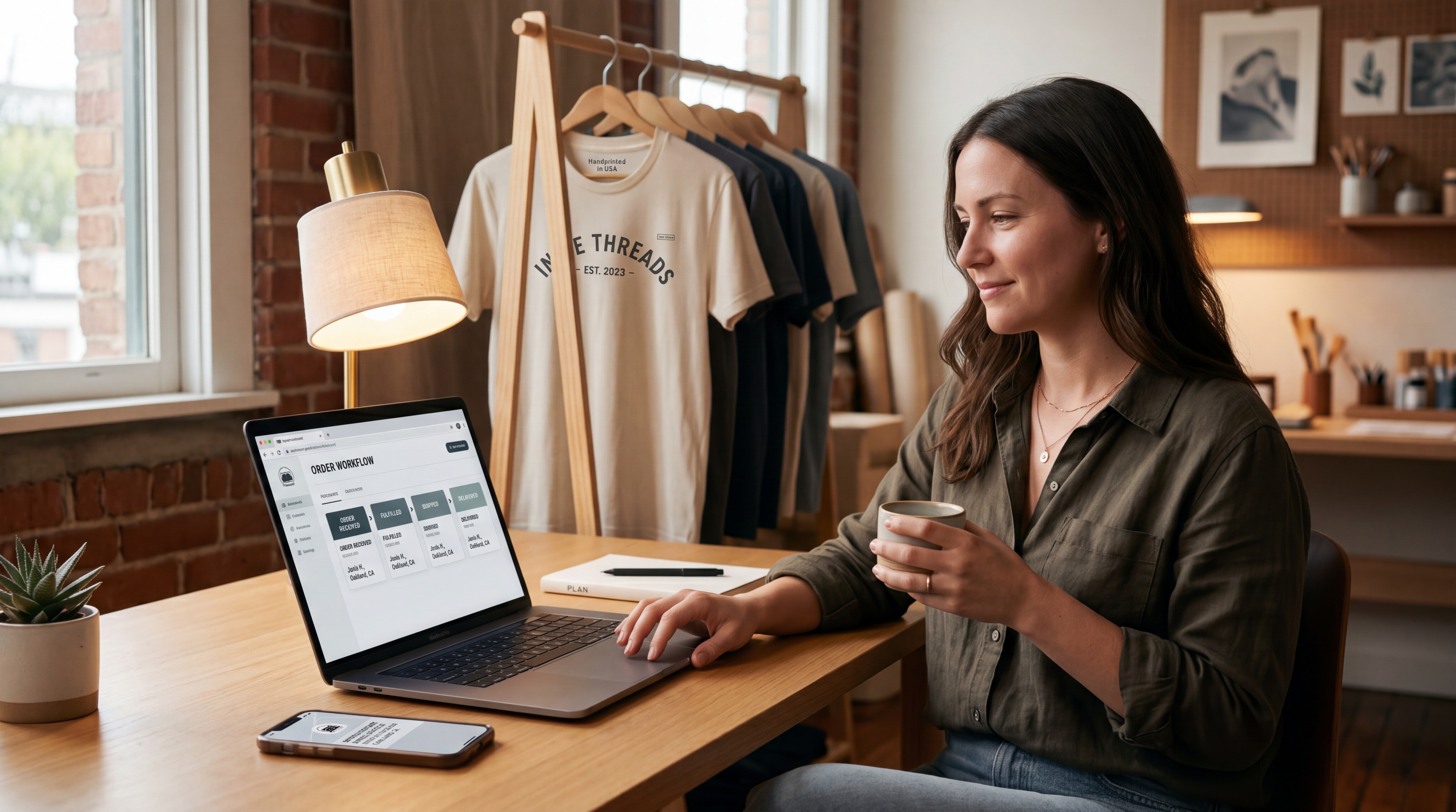 Schéma visuel d’un workflow print-on-demand automatisé reliant boutique en ligne, design, production, expédition et suivi client