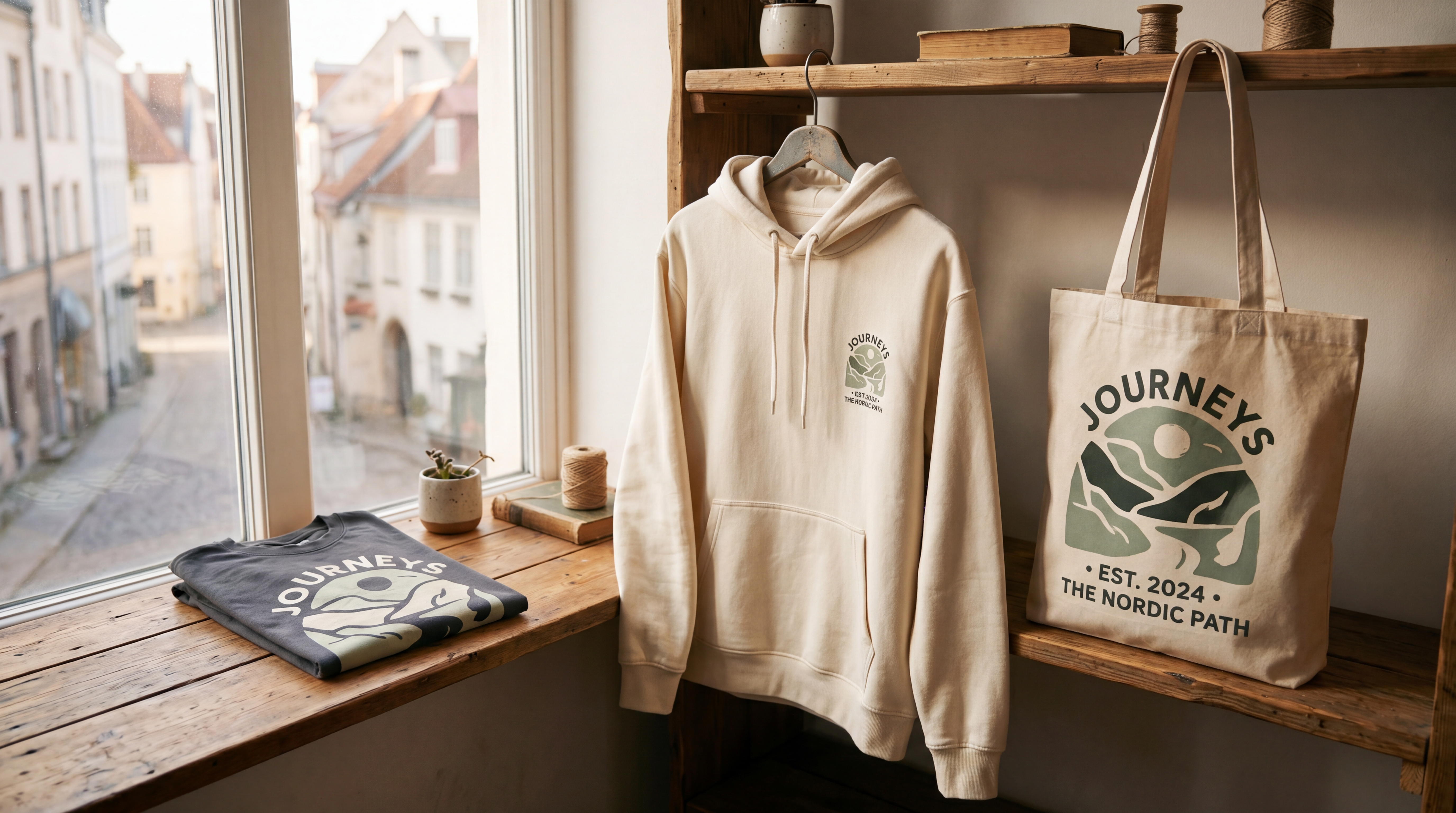 Comparatif visuel de quatre produits merch : t-shirt, hoodie, tote bag et casquette, présentés dans un style lifestyle européen
