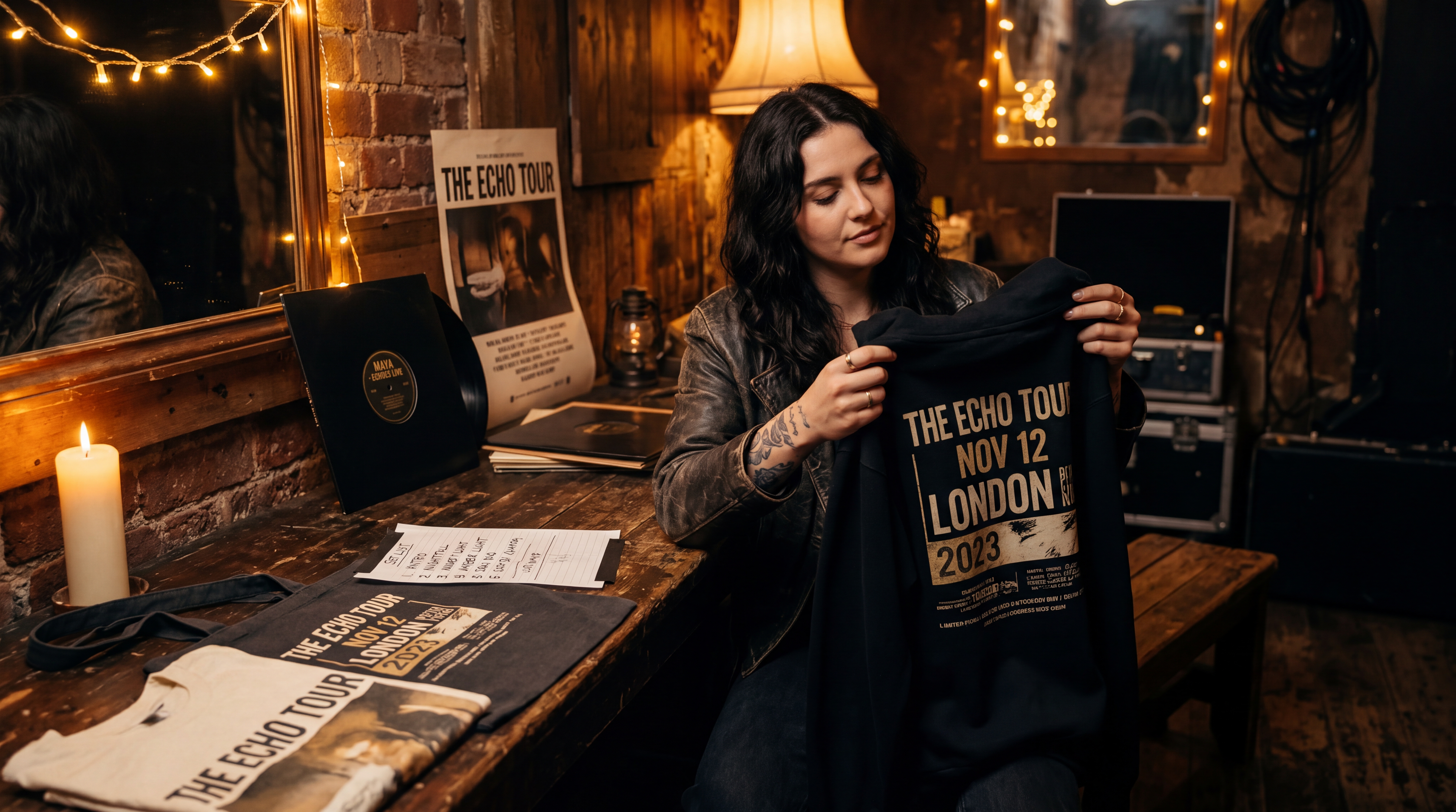 Collection de merch artiste présentée sur table avec t-shirt, hoodie, tote bag, casquette et poster dans une palette cohérente