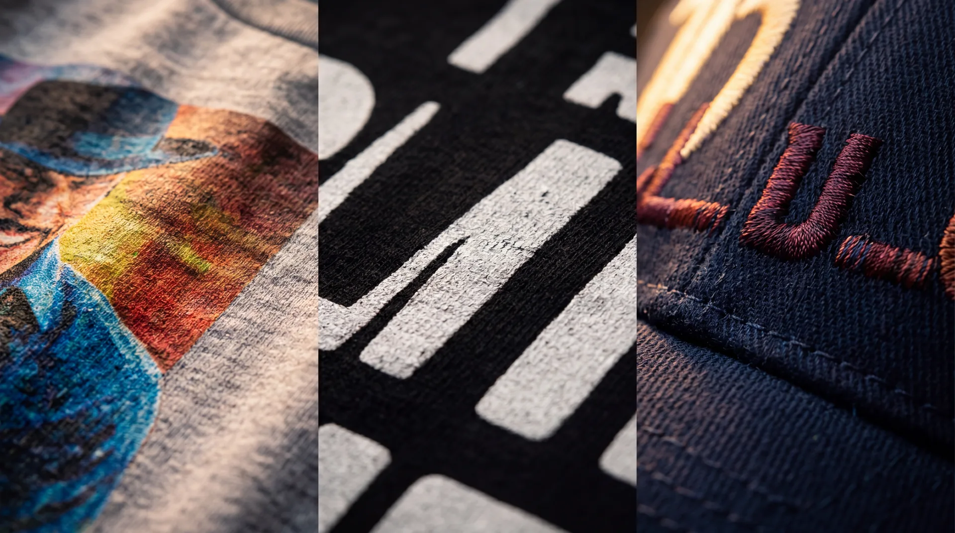 Comparatif visuel de quatre techniques de marquage textile sur t-shirt, hoodie, casquette et tote bag